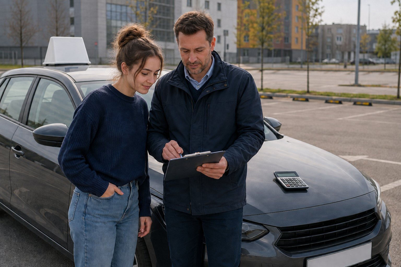 Žákyně autoškoly s instruktorem plánují výcvik u cvičného vozu a kalkulačky