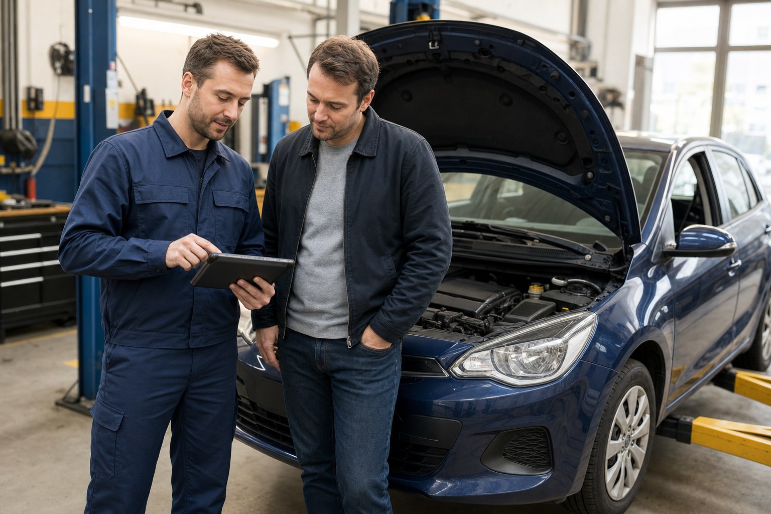 Mechanik vysvětluje majiteli vozu diagnostiku opravy v autoservisu