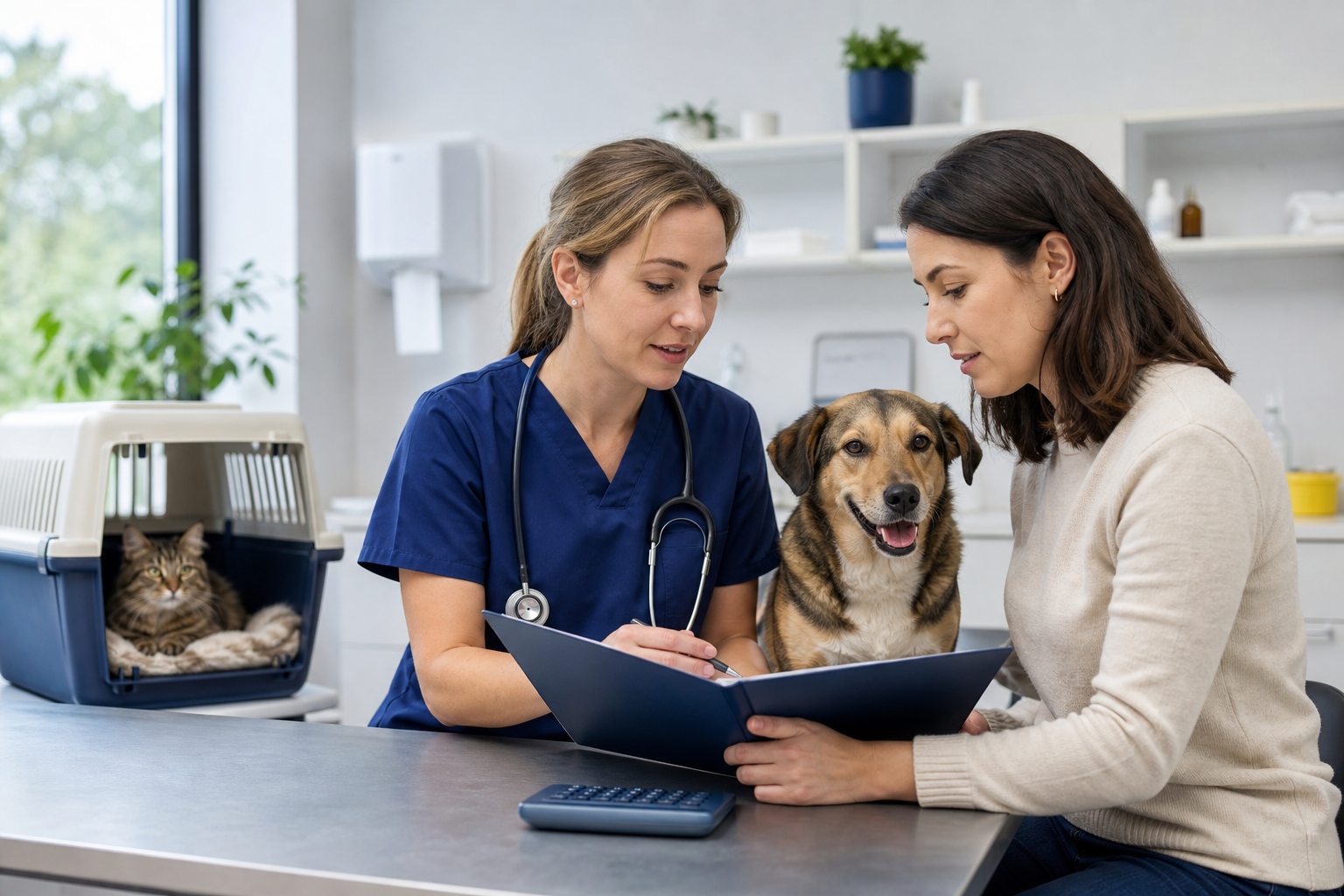 Majitelka psa a kočky probírá s veterinářkou léčebný plán a rozpočet