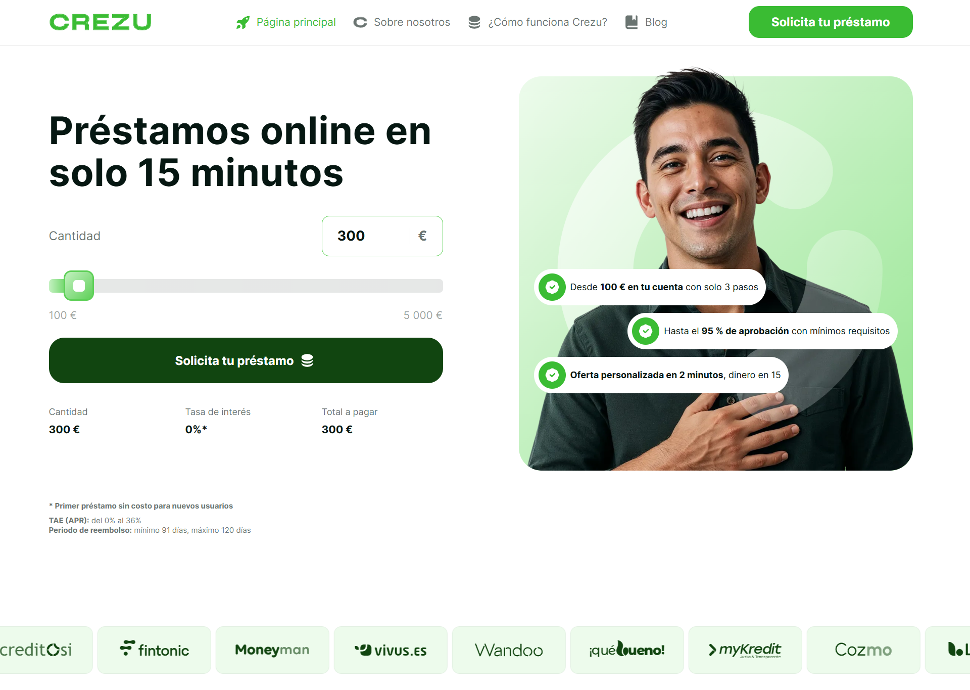 Página de Crezu con simulador de préstamo online