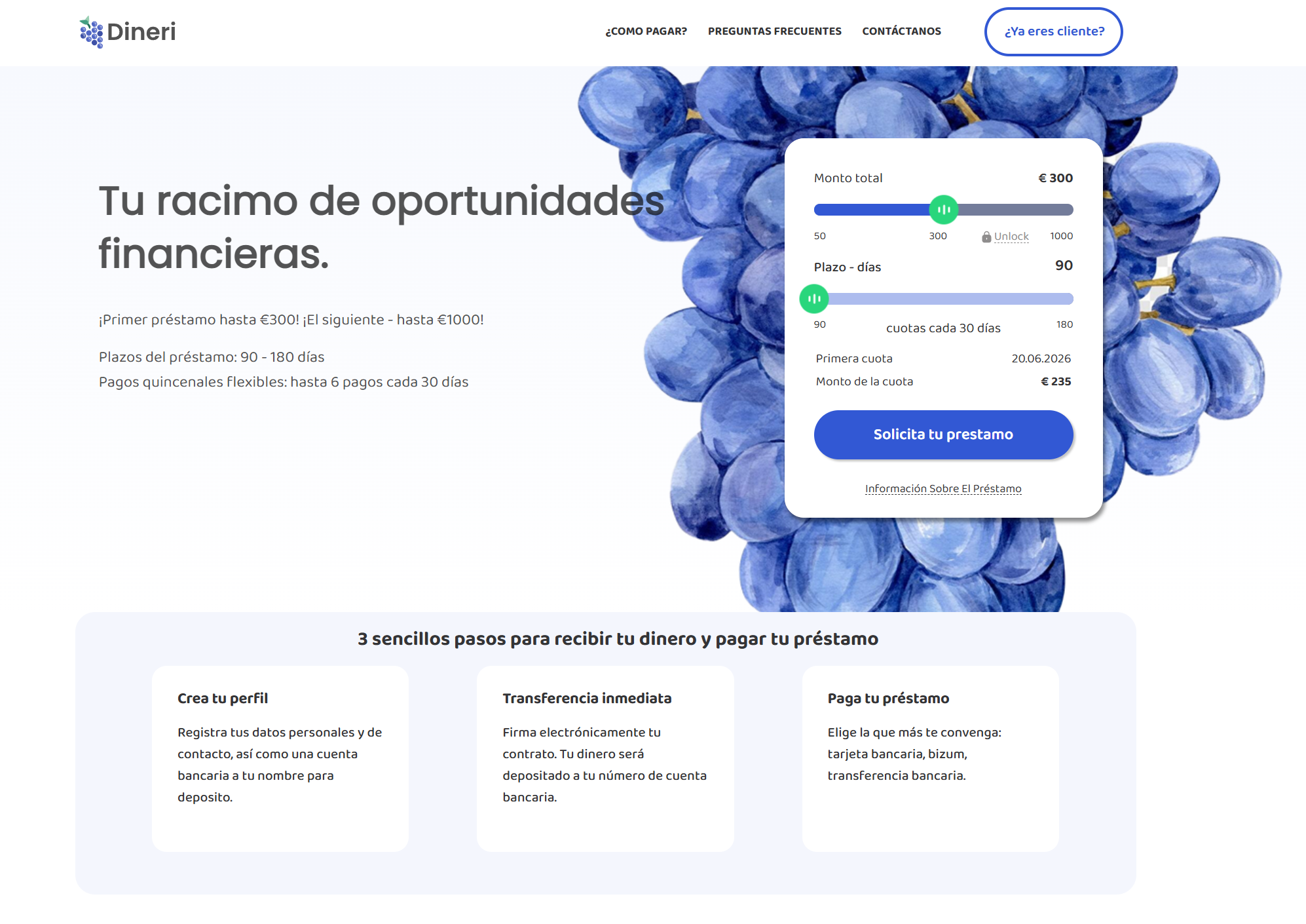 Página oficial de Dineri con simulador de préstamo y pasos de solicitud