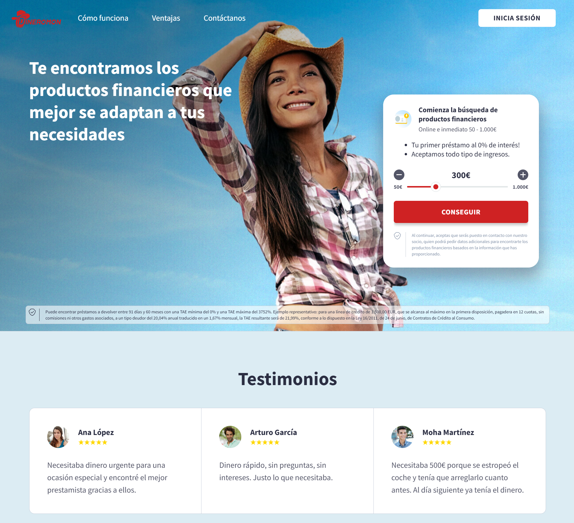 Página oficial de Dineromon con buscador de productos financieros online