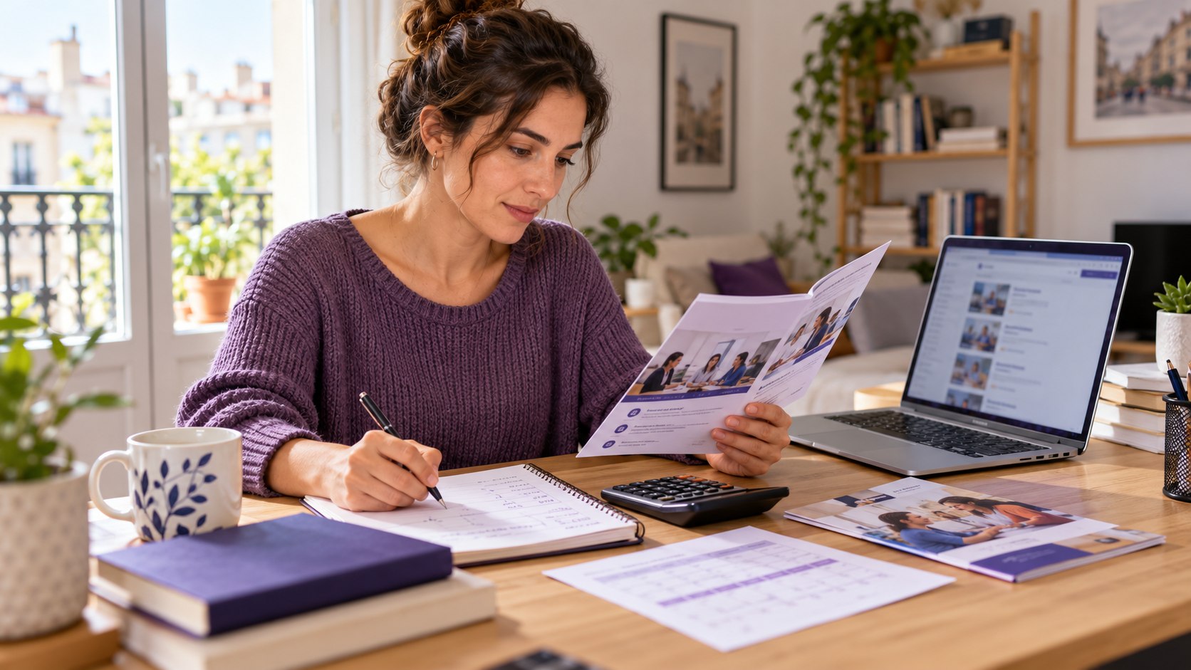 Mujer adulta revisando el presupuesto de un curso con folletos, una calculadora y un portátil