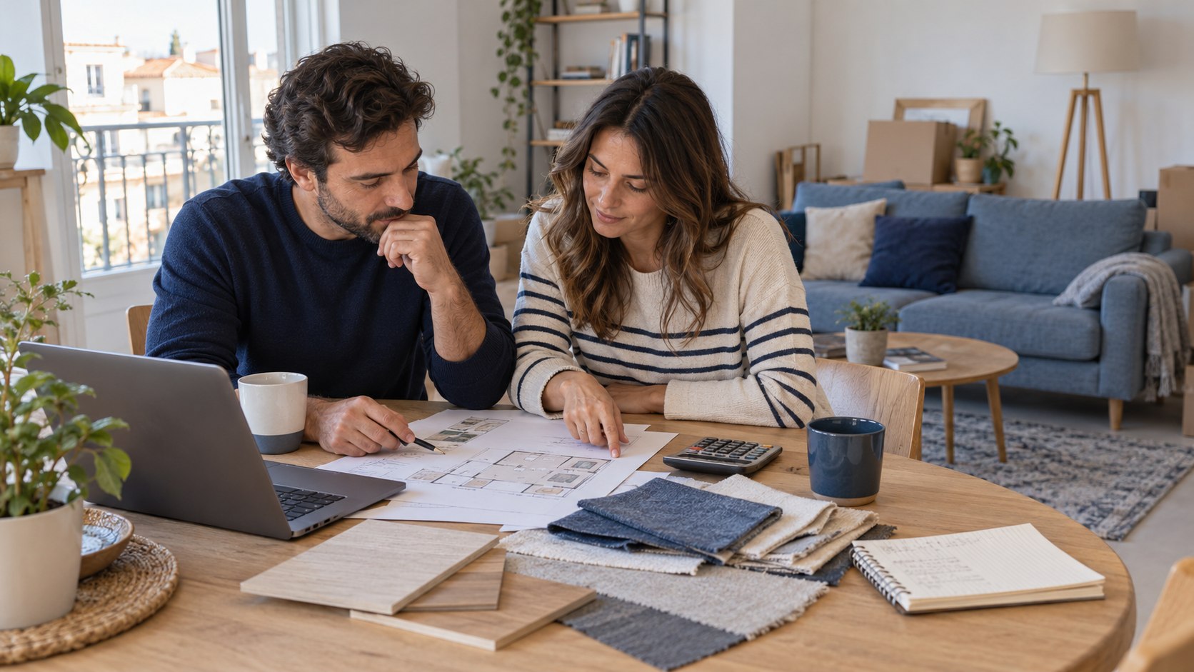Pareja revisando el presupuesto y las medidas para amueblar su vivienda