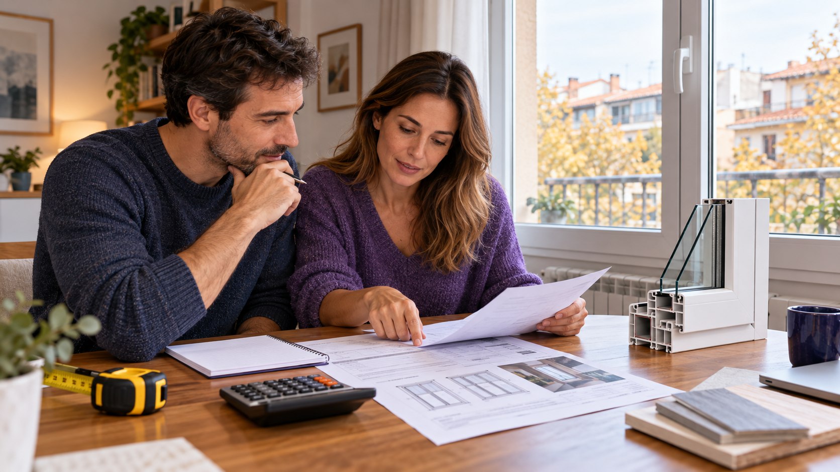 Pareja comparando el presupuesto de unas ventanas con una muestra de perfil y una calculadora