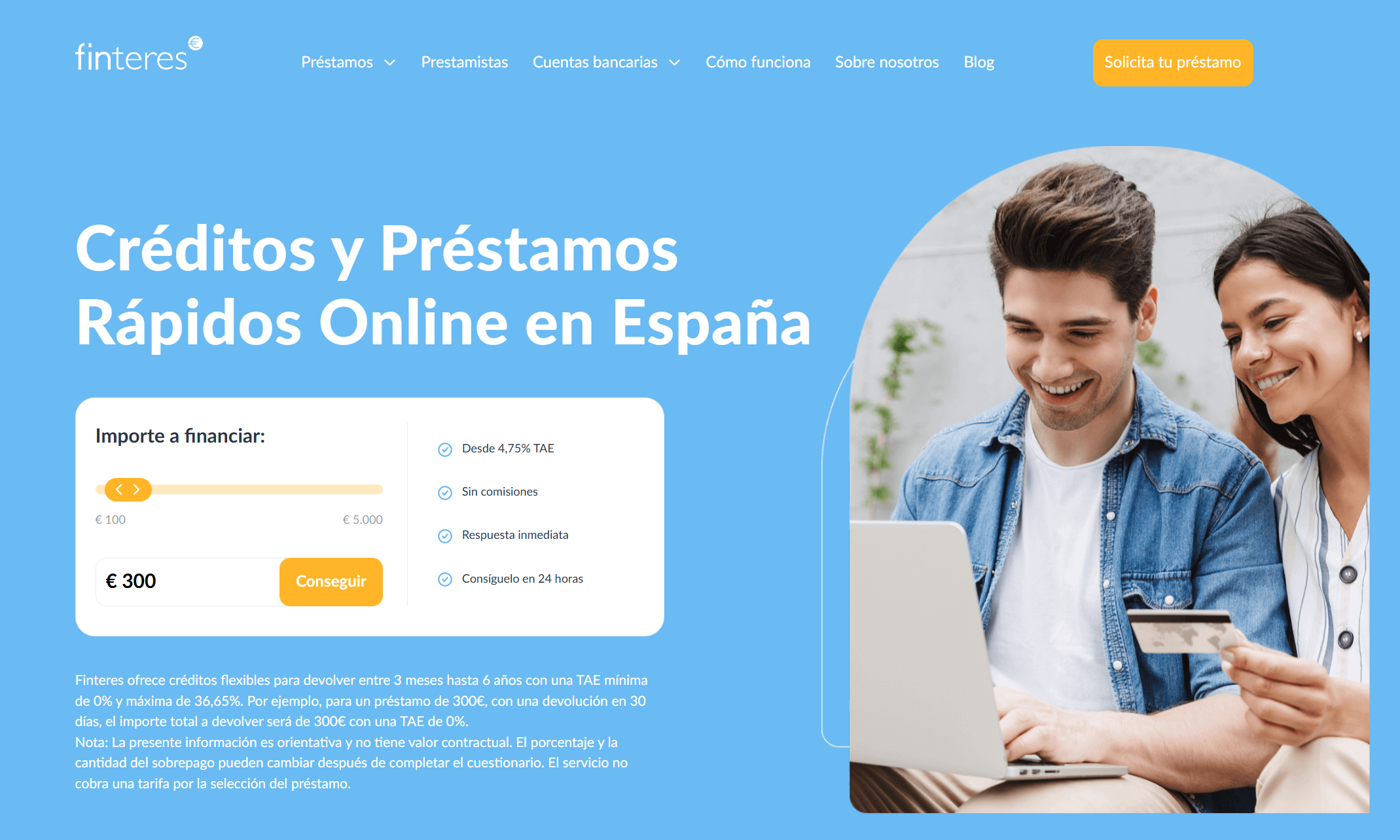 Página de Finteres con simulador de préstamo online