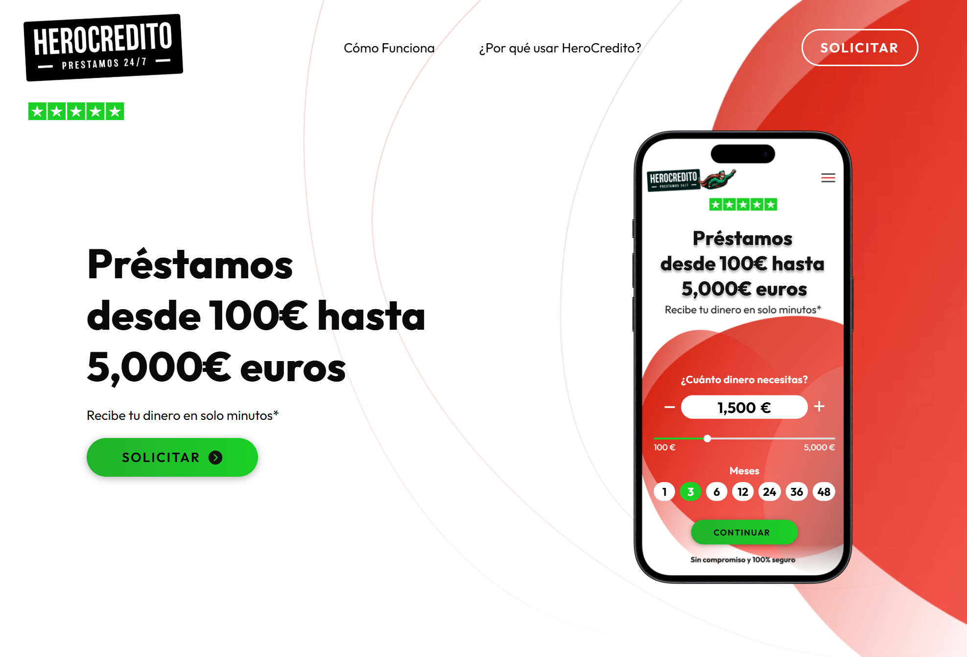 Página oficial de HeroCredito con solicitud de préstamos desde 100 € hasta 5.000 €