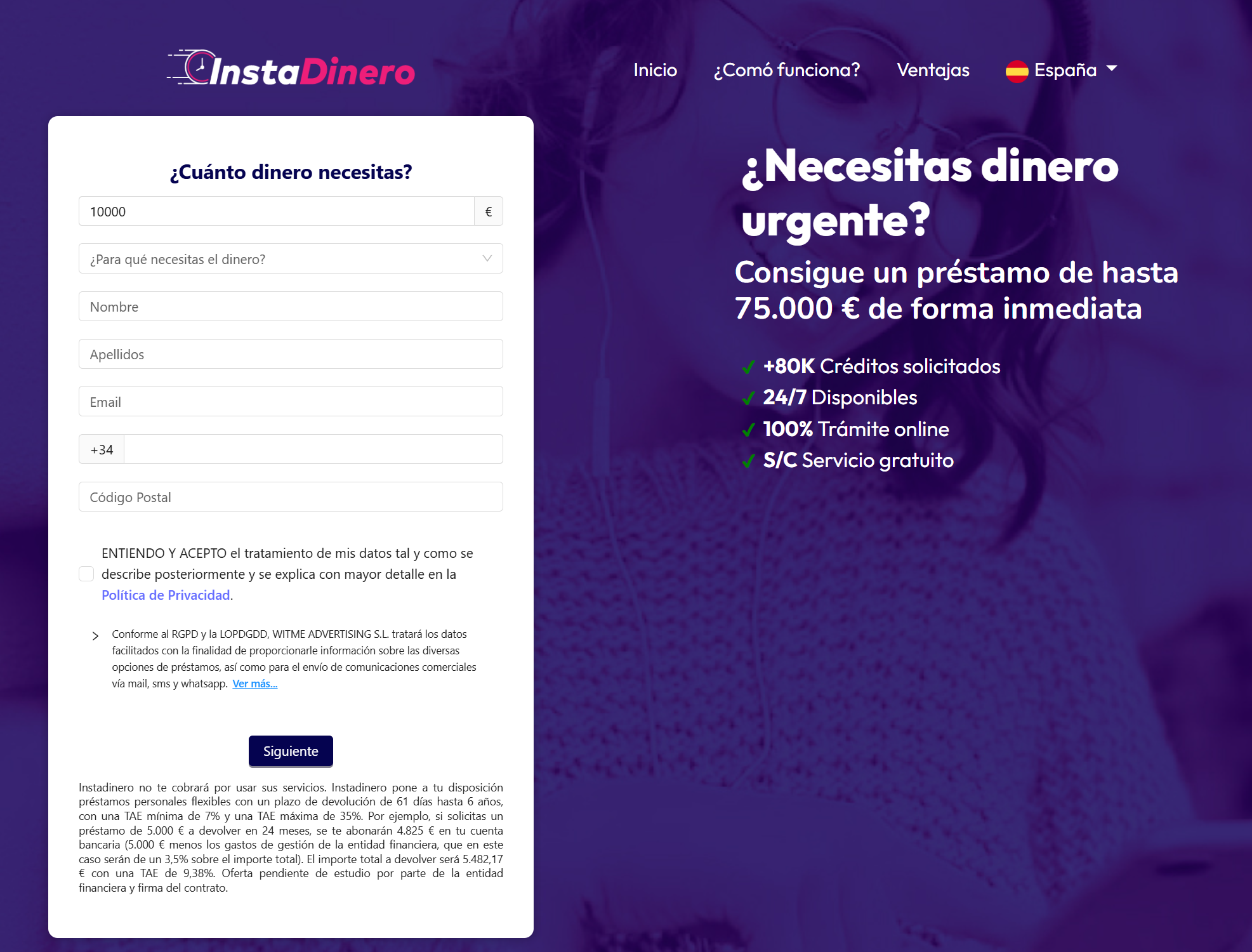 Página oficial de Instadinero con formulario de solicitud de crédito online