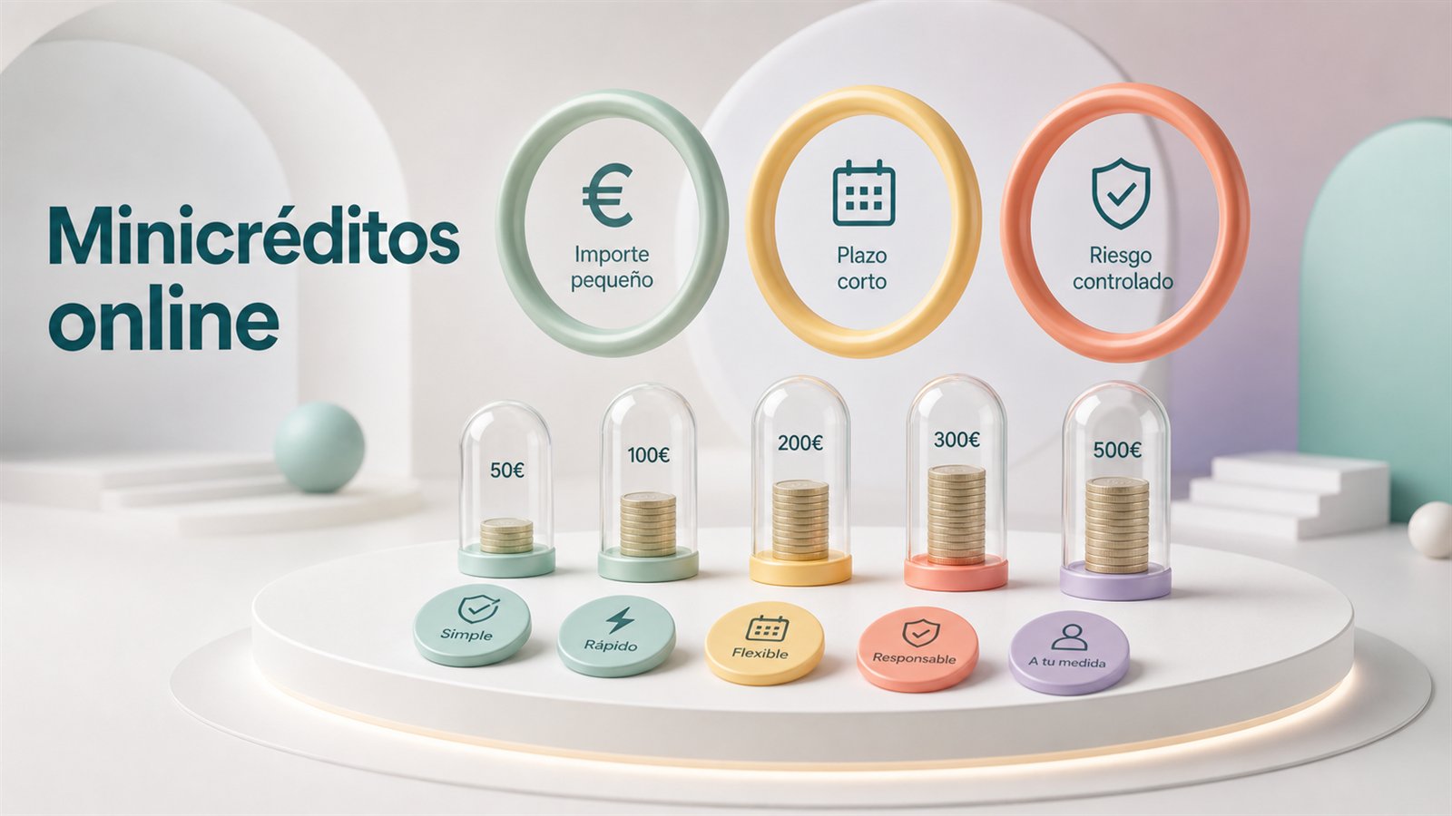 Minicréditos online representados con cápsulas de dinero, monedas y rutas de decisión