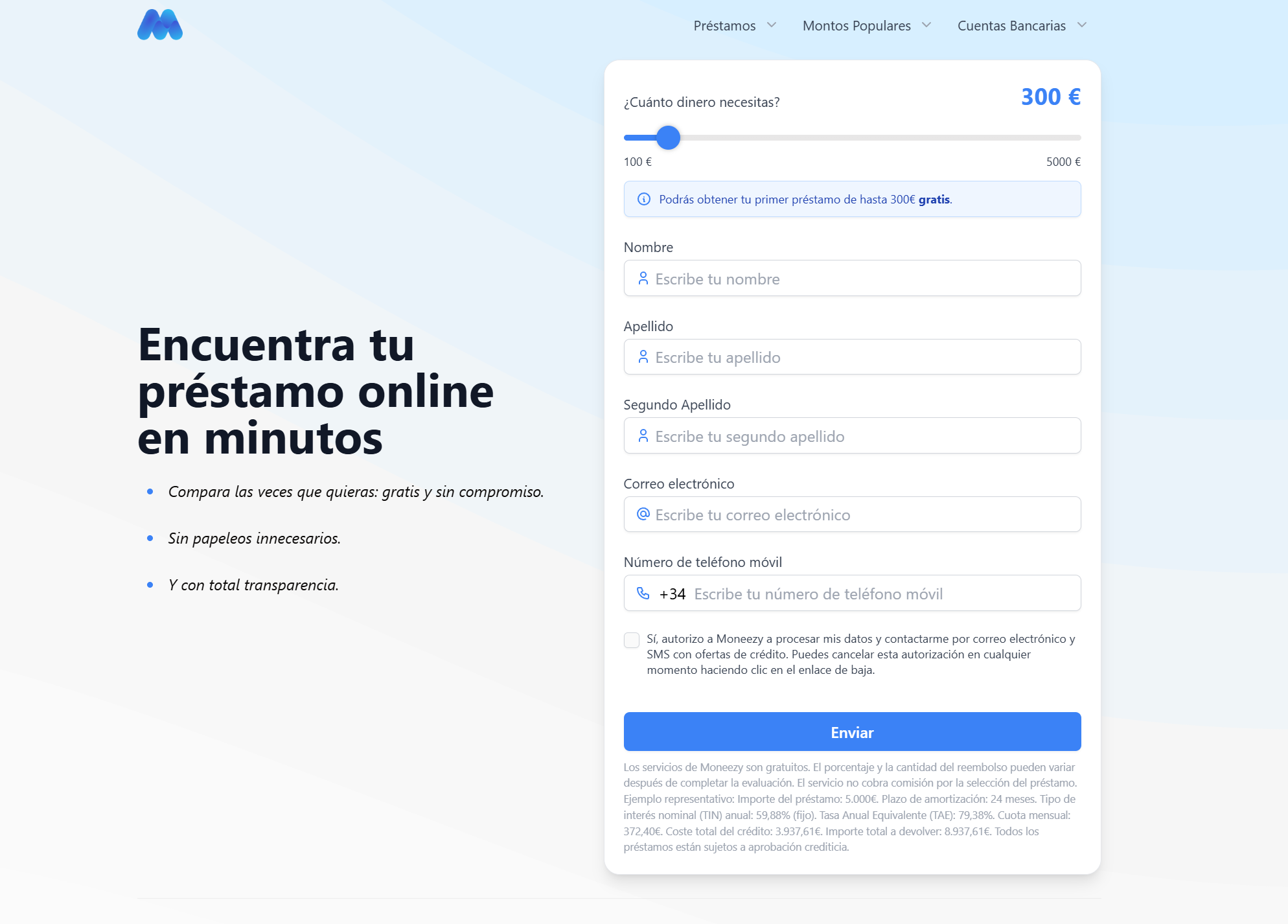 Página oficial de Moneezy con formulario para comparar préstamos online