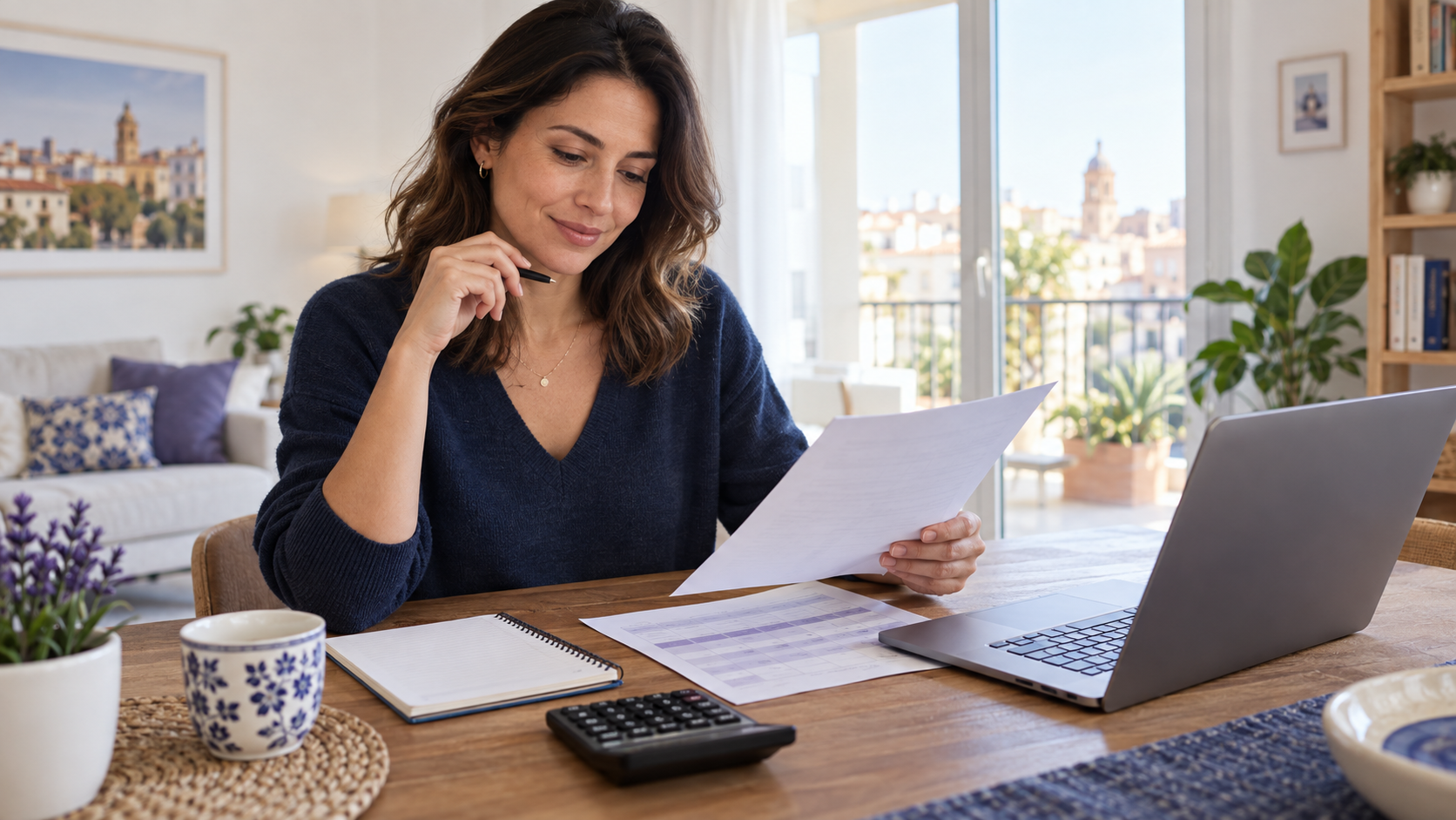 Mujer revisando un presupuesto y un calendario de pagos con una calculadora y un portátil en casa