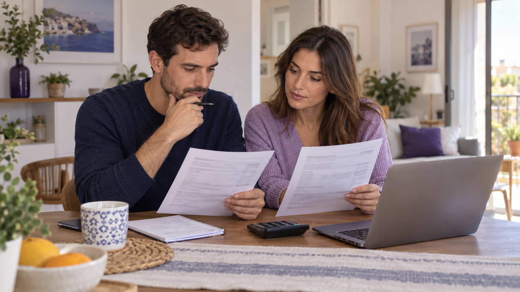 Pareja comparando dos propuestas de financiación con una calculadora y un portátil en casa