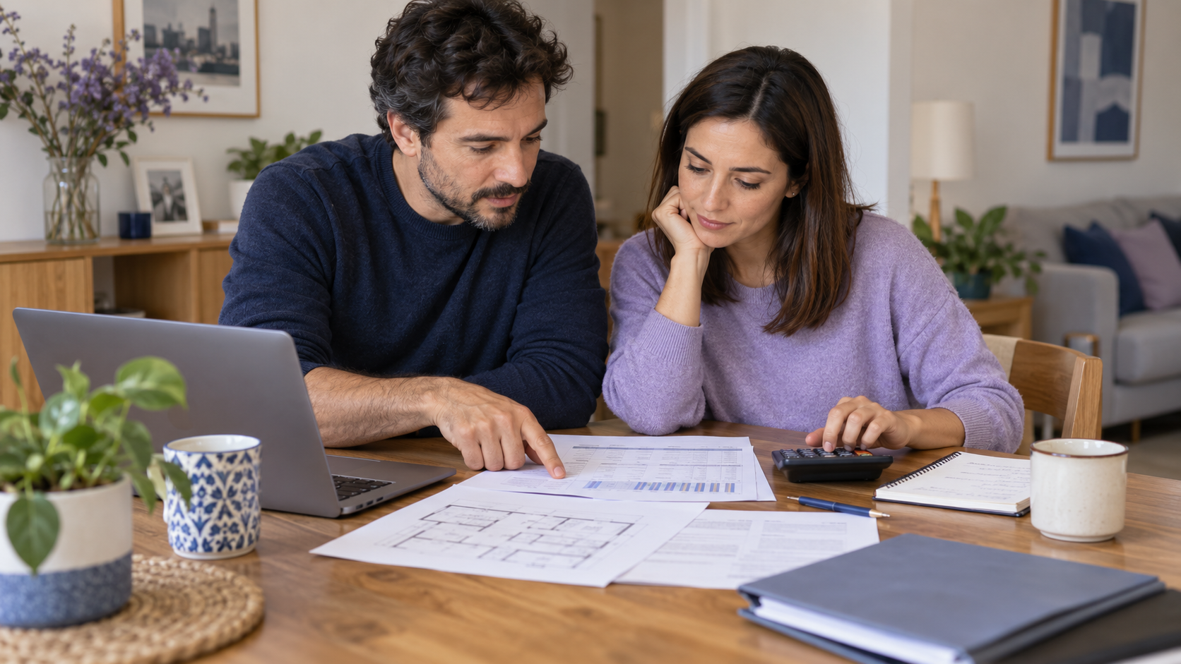 Pareja revisando un presupuesto doméstico y un calendario de pagos con una calculadora en casa