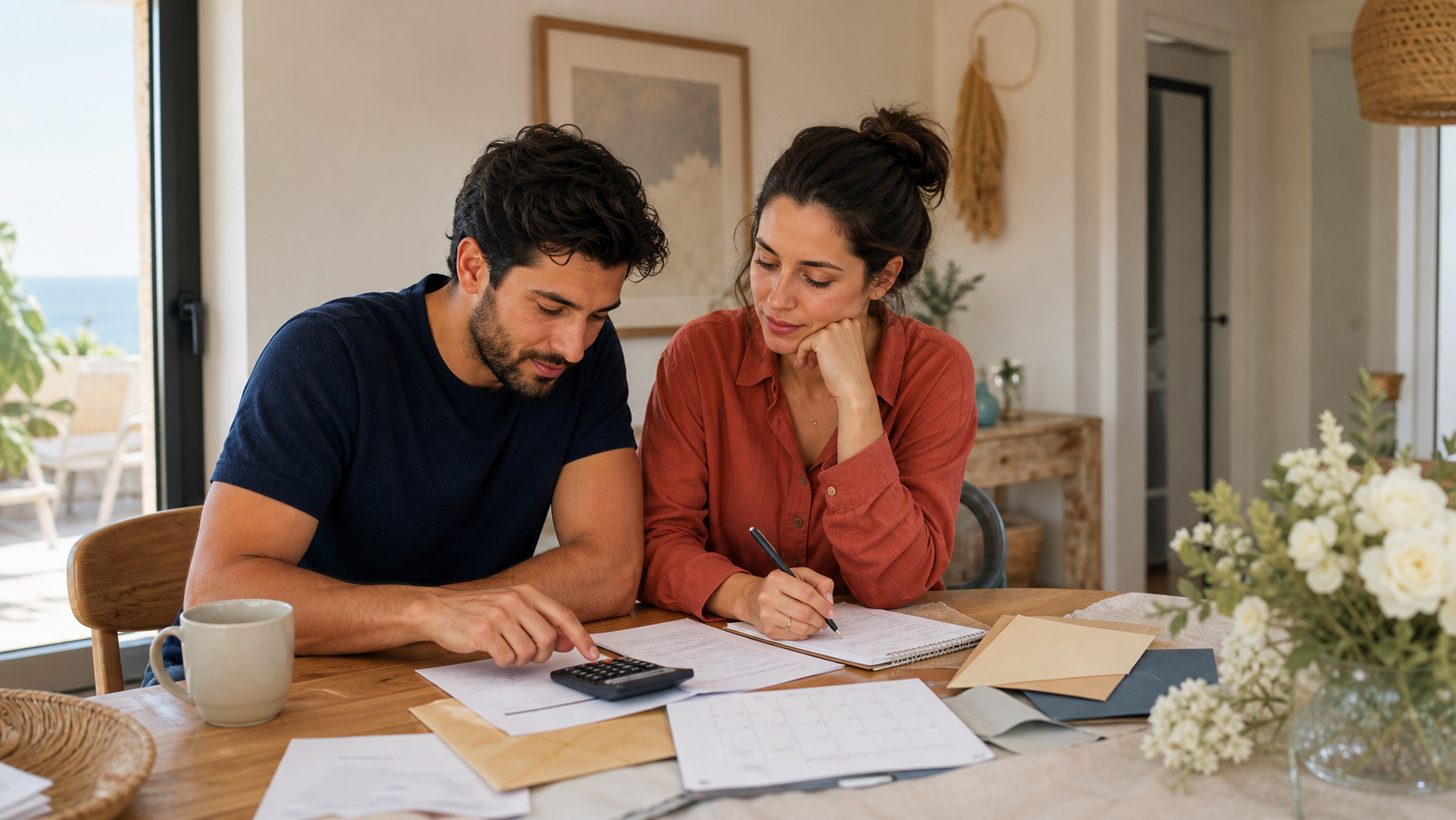Pareja organizando el presupuesto de su boda con una calculadora, calendario y presupuestos