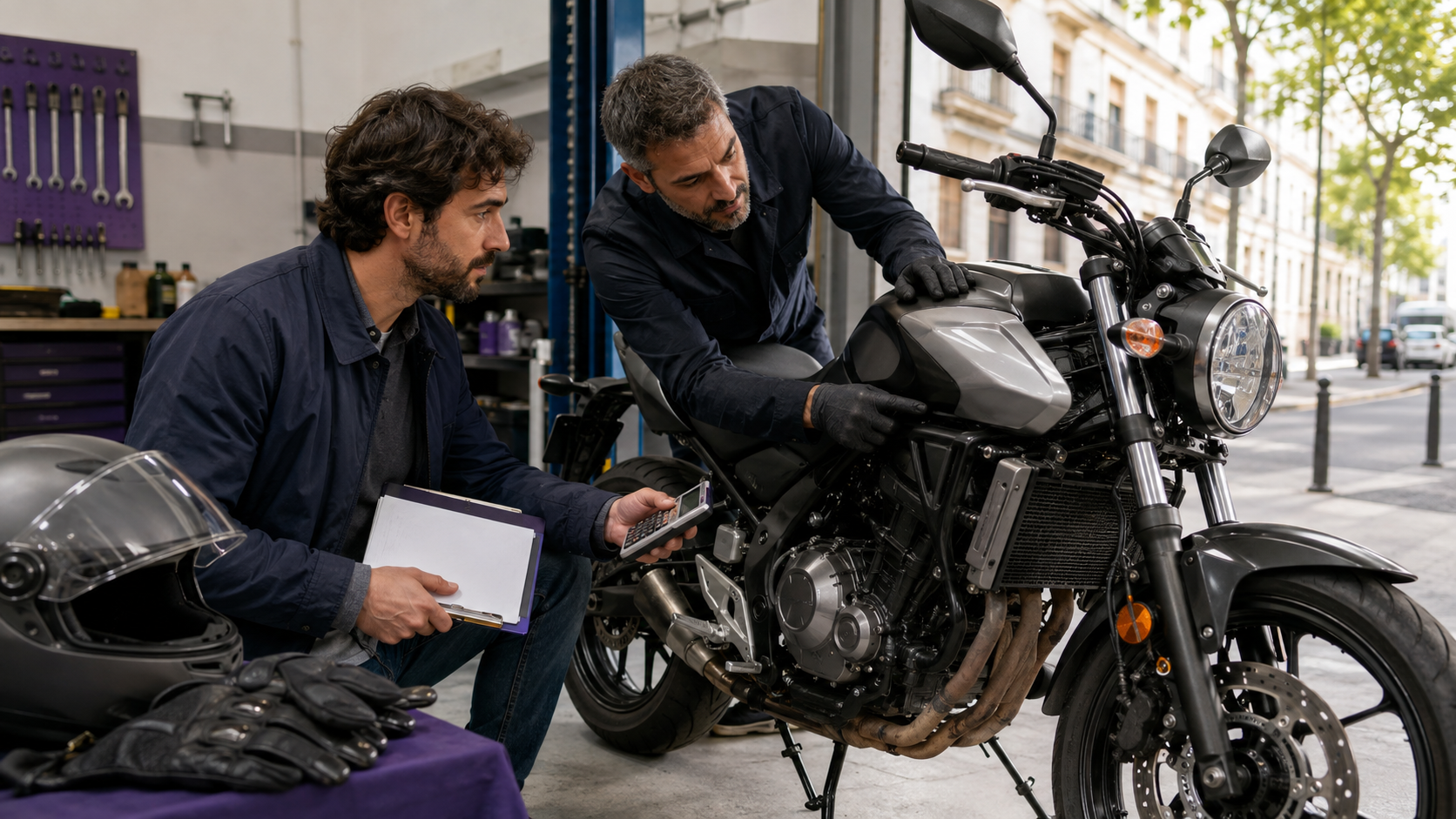 Comprador y mecánico revisando una moto de segunda mano junto a un presupuesto, calculadora, casco y guantes