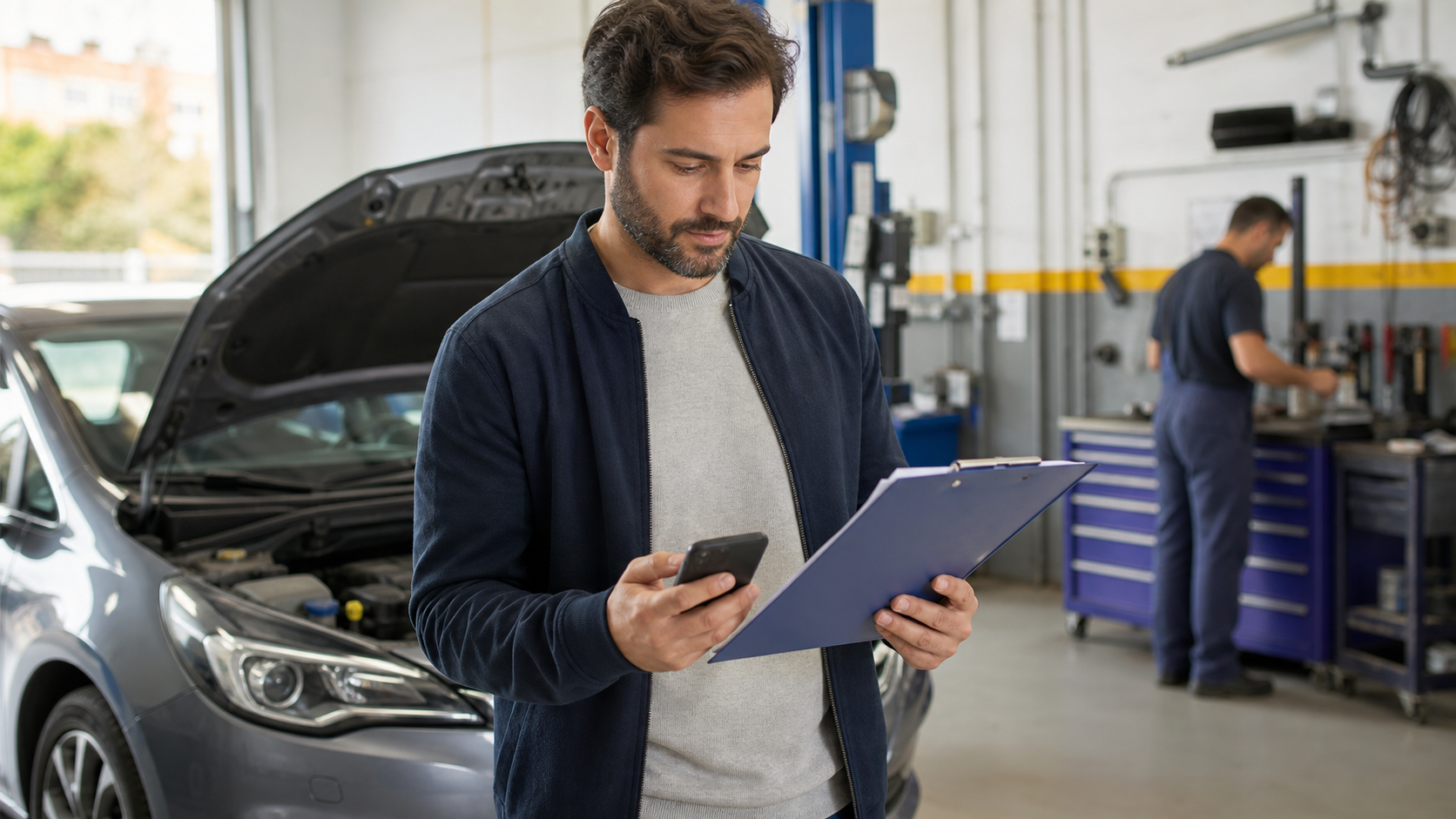Conductor revisando el presupuesto de una avería antes de solicitar un préstamo para reparar el coche