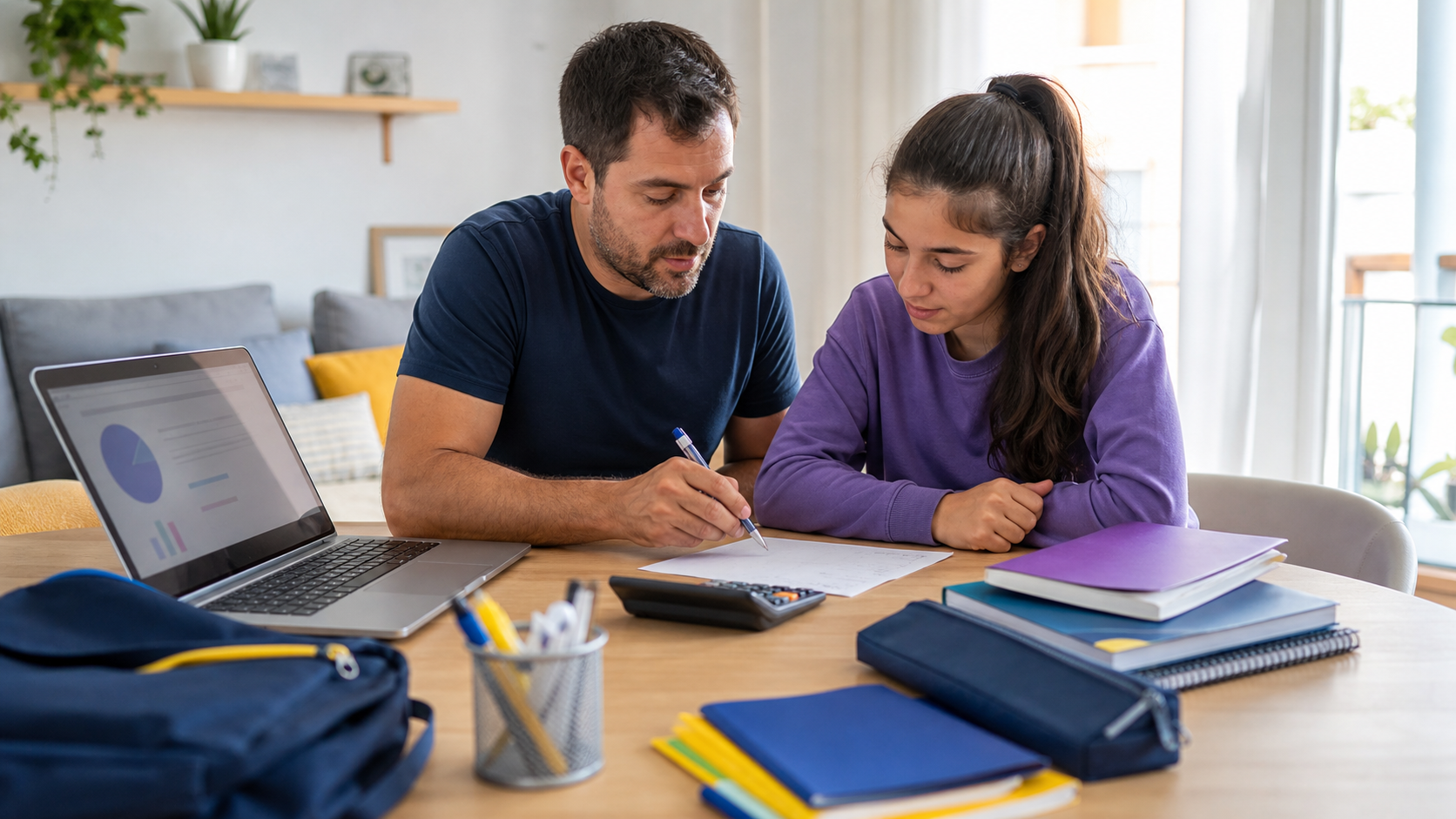 Padre y estudiante organizando el presupuesto de la vuelta al cole con material escolar y un ordenador