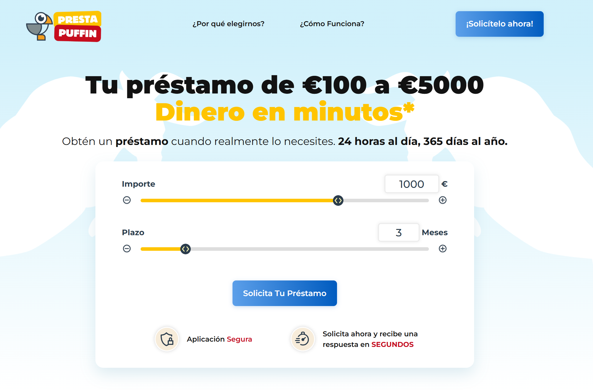 Página oficial de Presta Puffin con préstamo de 100 € a 5.000 €