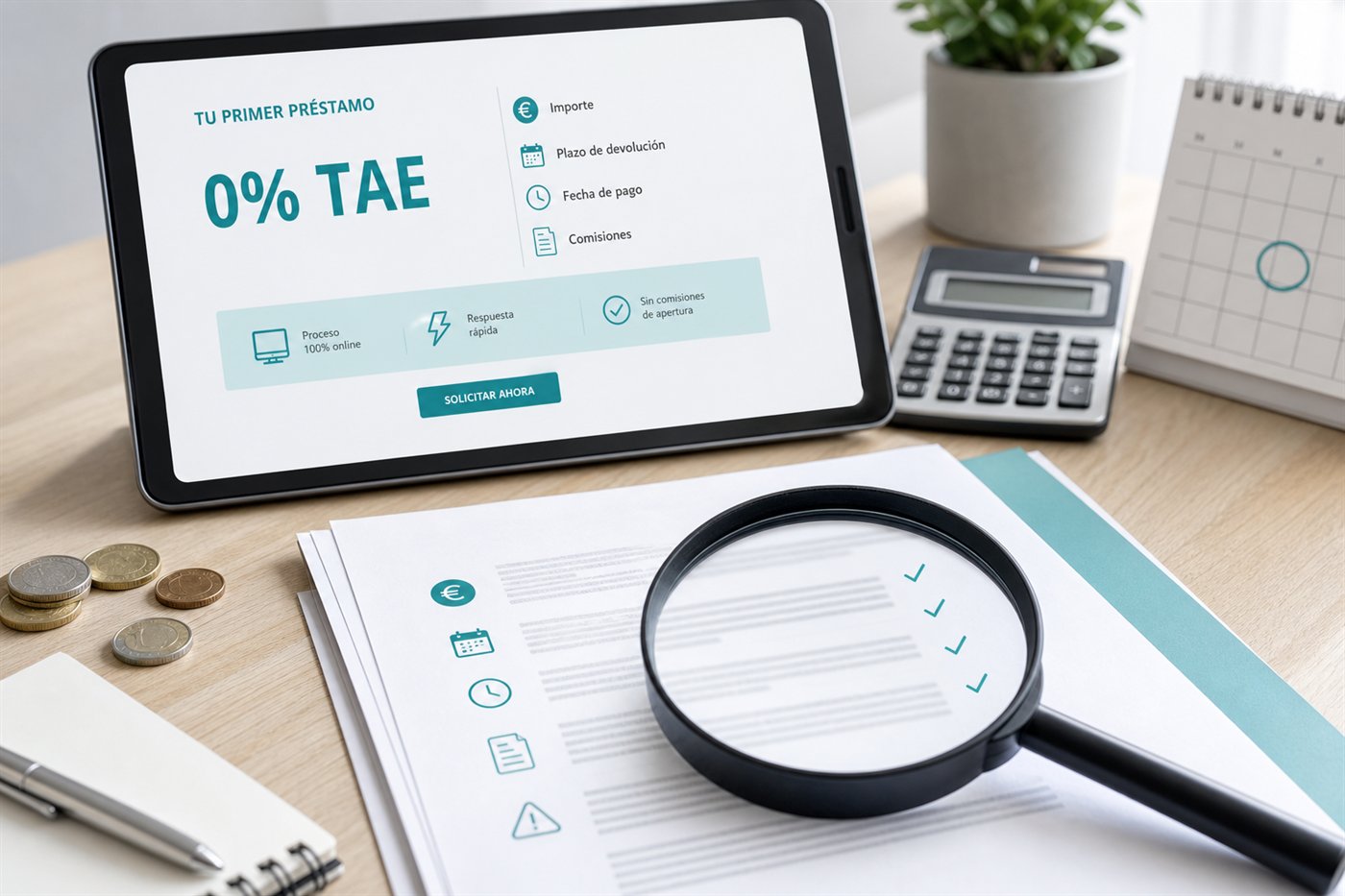 Condiciones de un préstamo 0% TAE revisadas con lupa antes de solicitarlo