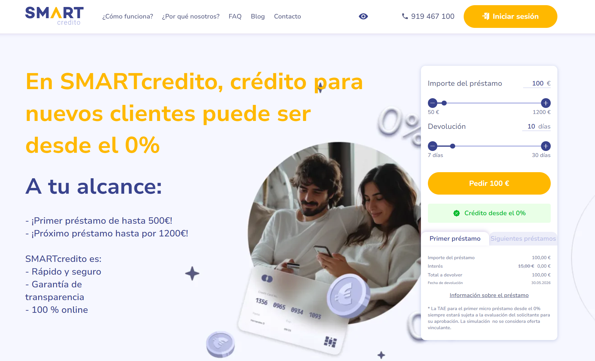Página oficial de SMARTcredito con simulador de préstamo online