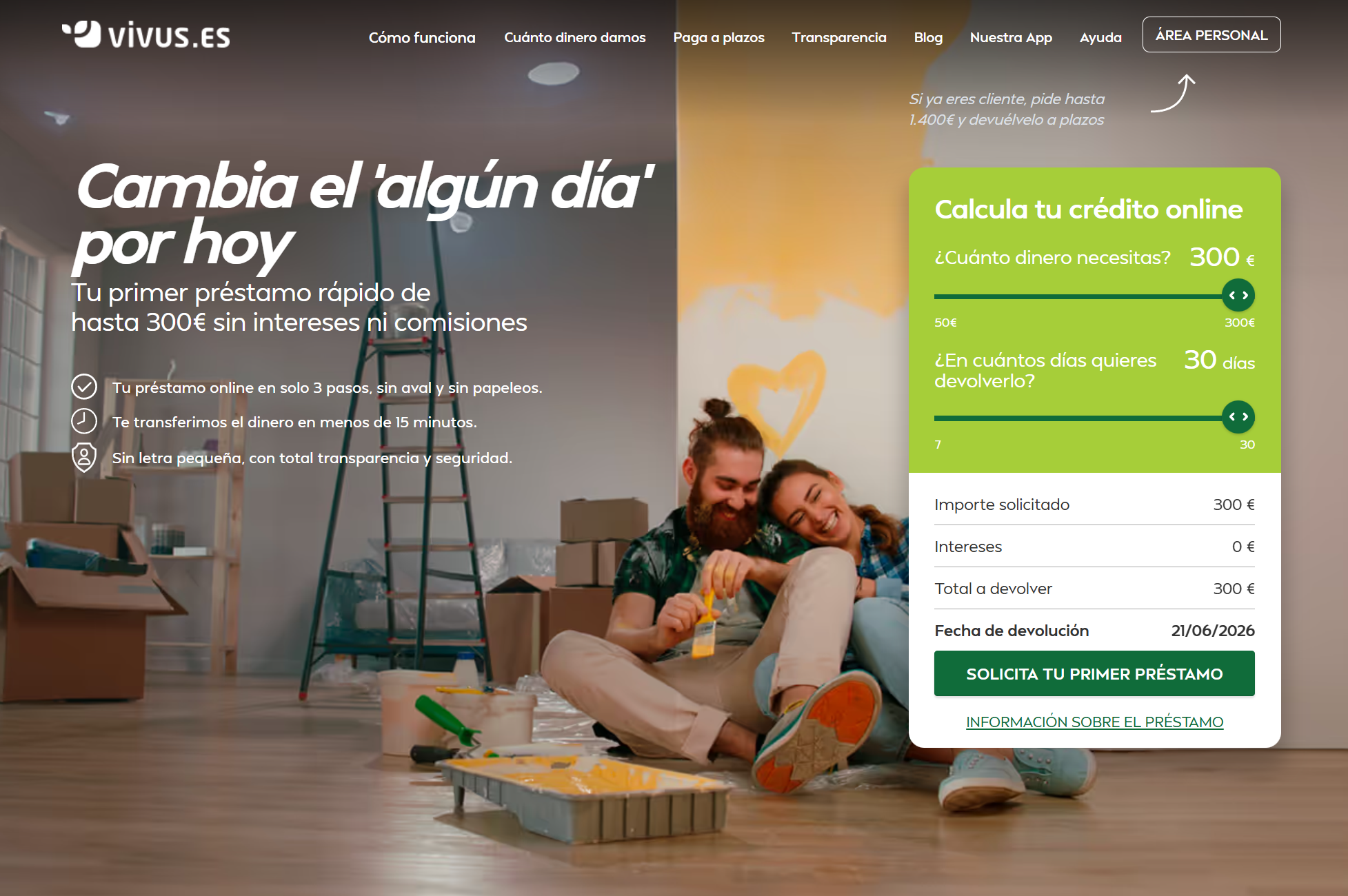 Página de Vivus con simulador de crédito online