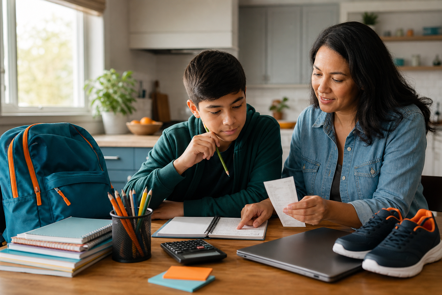 Parent and student reviewing a back-to-school budget beside supplies, a backpack, shoes, and a laptop