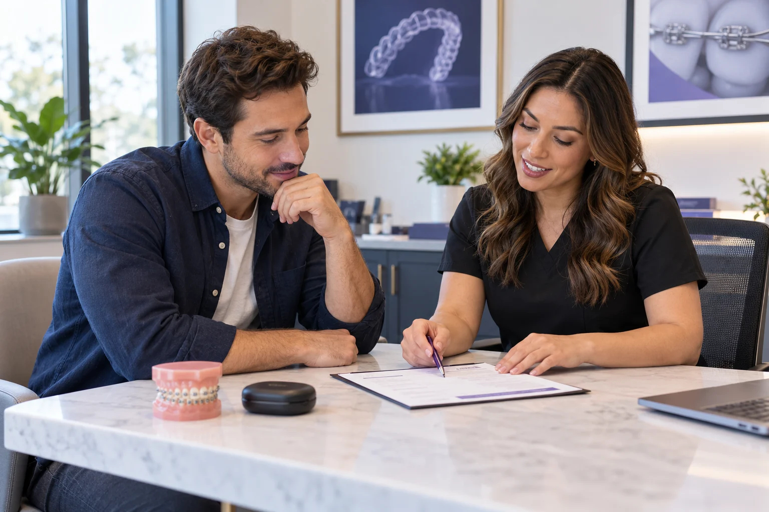 Adult patient discussing an orthodontic treatment estimate in a consultation room