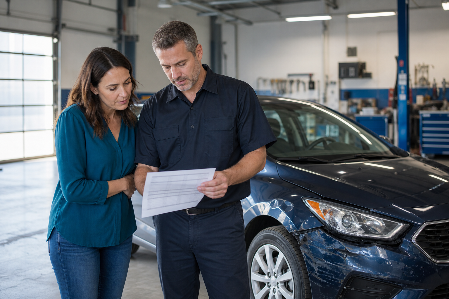 Driver and collision repair estimator reviewing an itemized estimate beside a damaged car