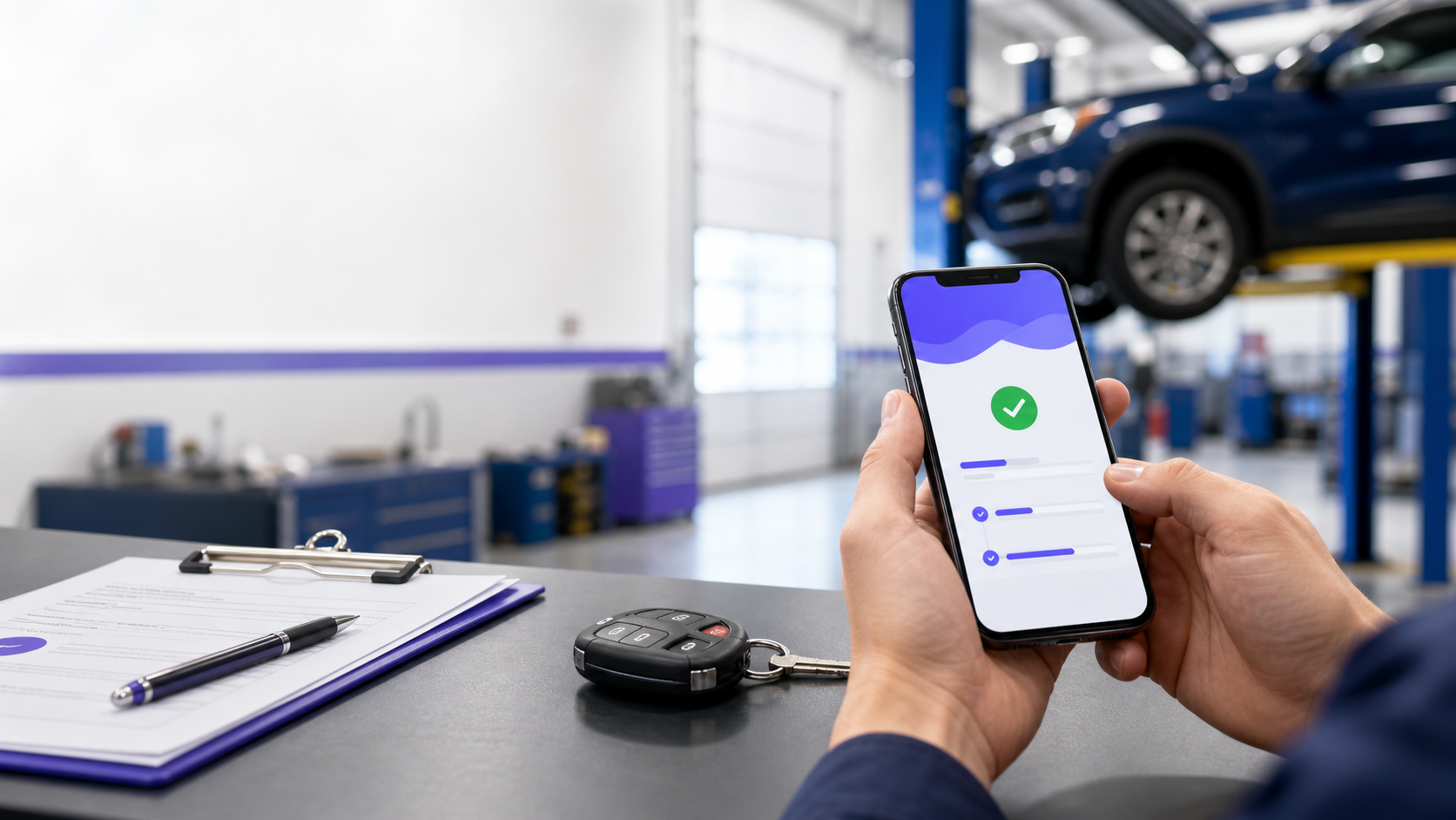 Car repair loan request on a phone in an auto repair shop