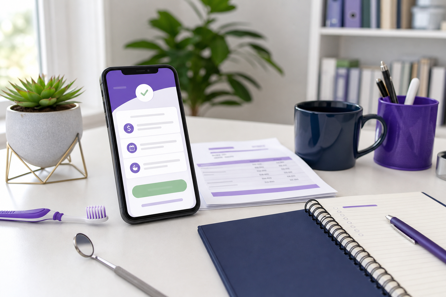 Dental financing request on a phone beside a dental bill and budgeting notebook
