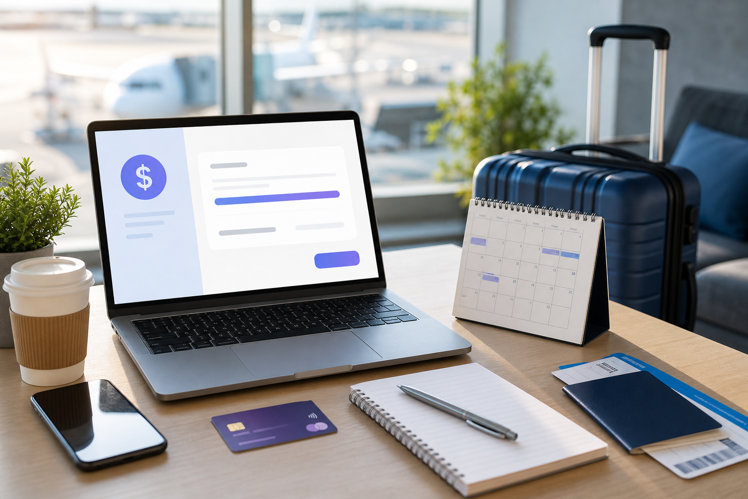 Emergency travel loan request on a laptop beside a suitcase, calendar, debit card, and travel documents