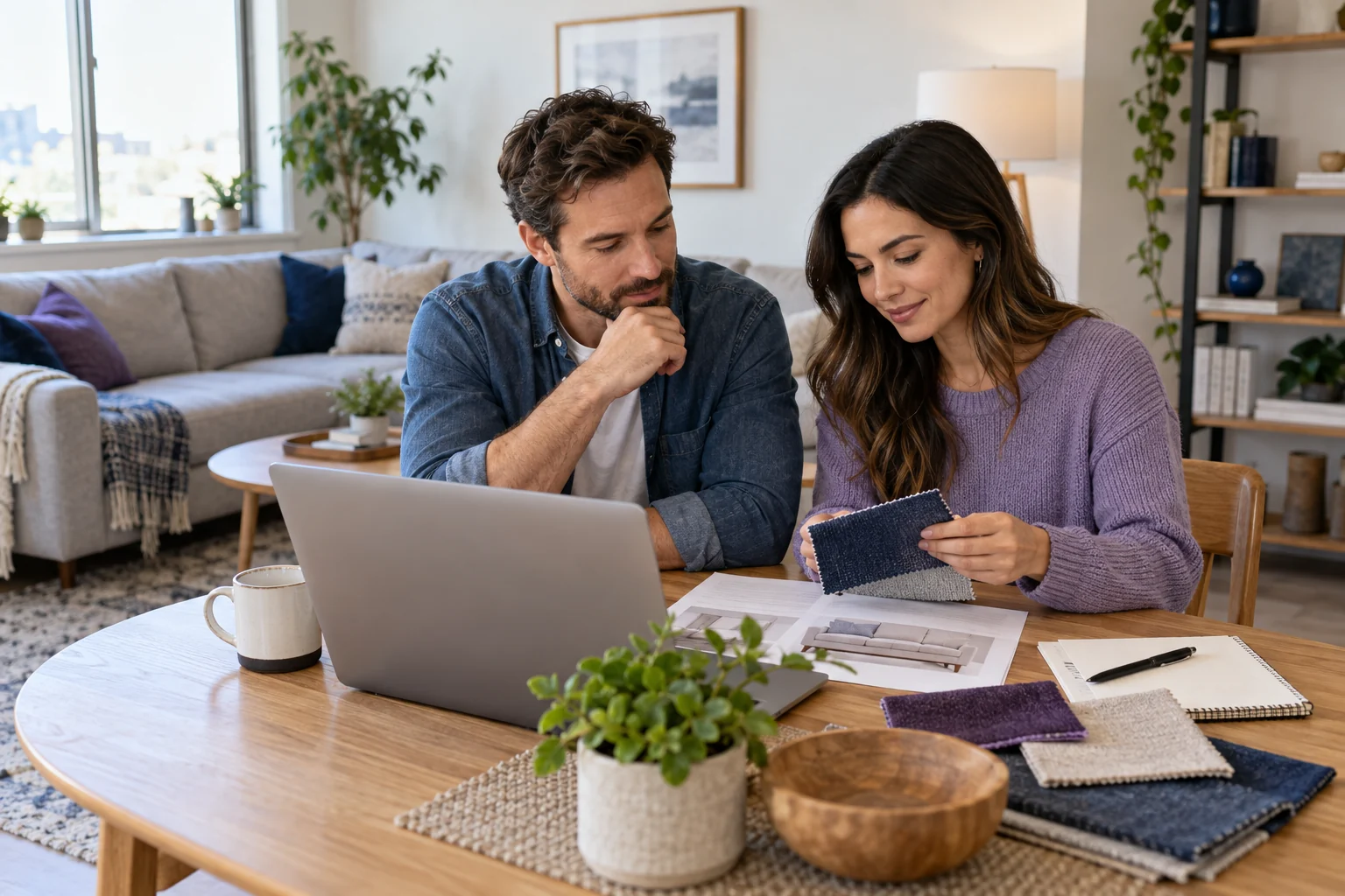 Couple comparing a furniture estimate and fabric swatches in a modest living room