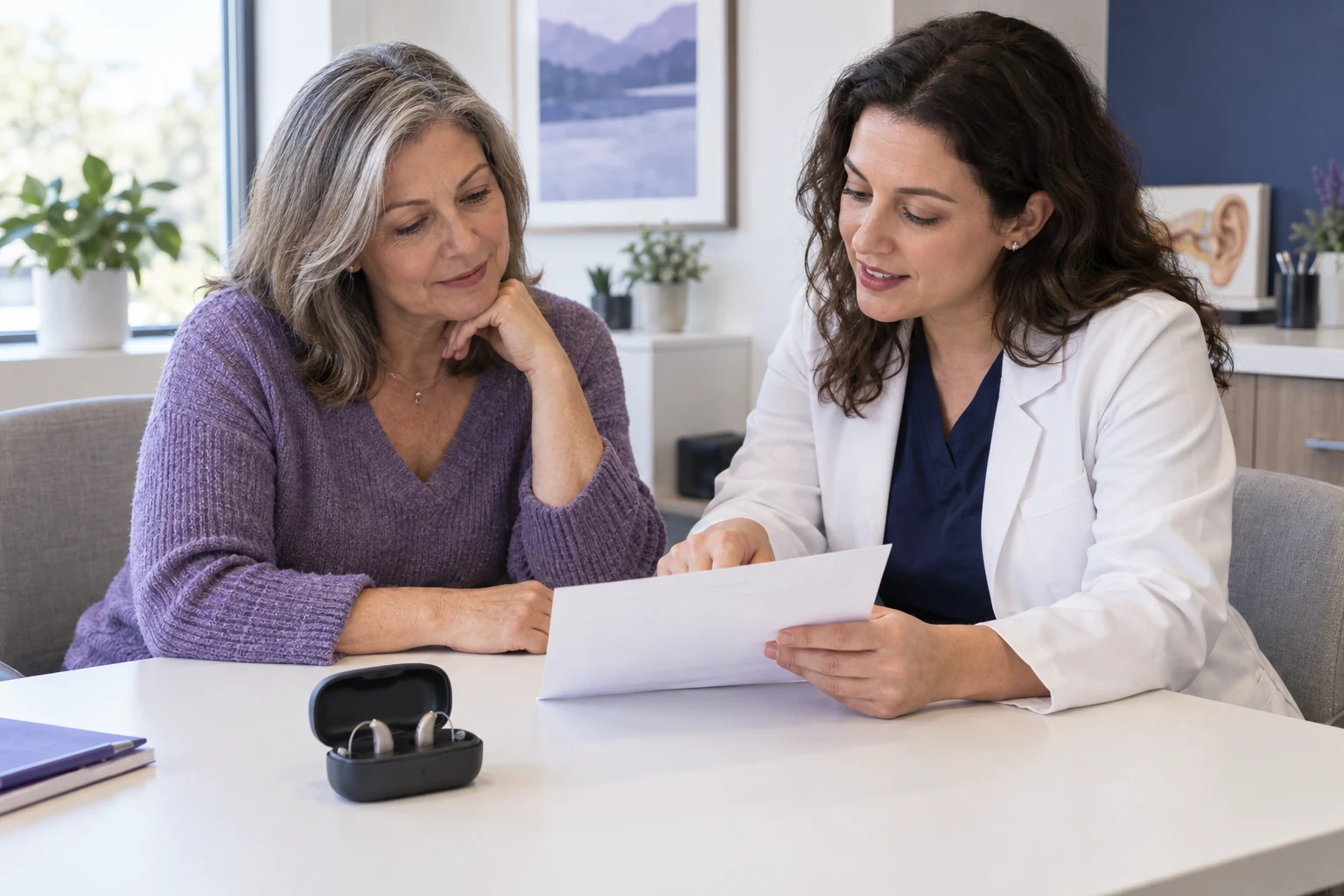Patient and audiology professional reviewing an estimate with hearing aids on the desk