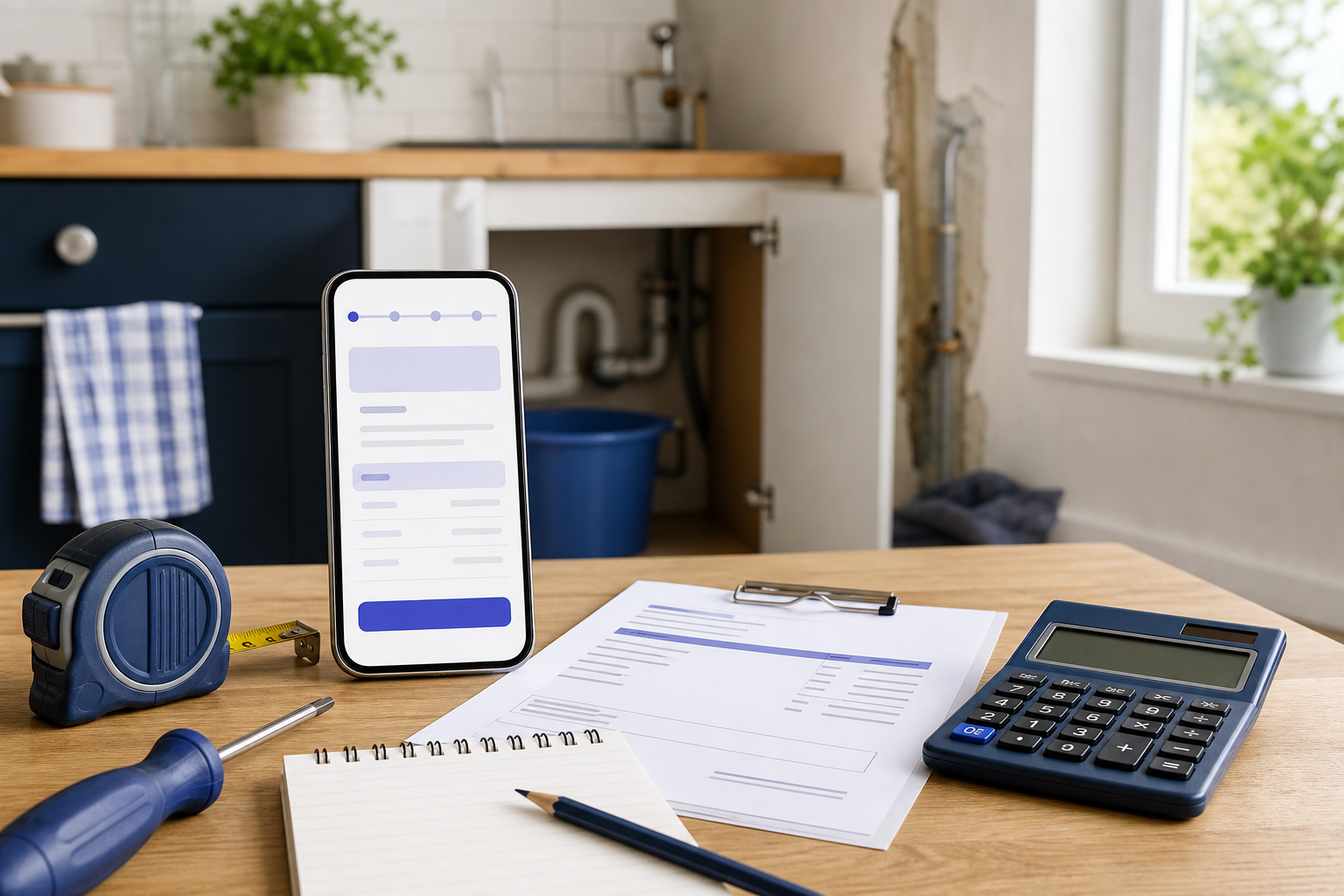 Home repair loan request on a phone beside a repair estimate, calculator, tape measure, and tools