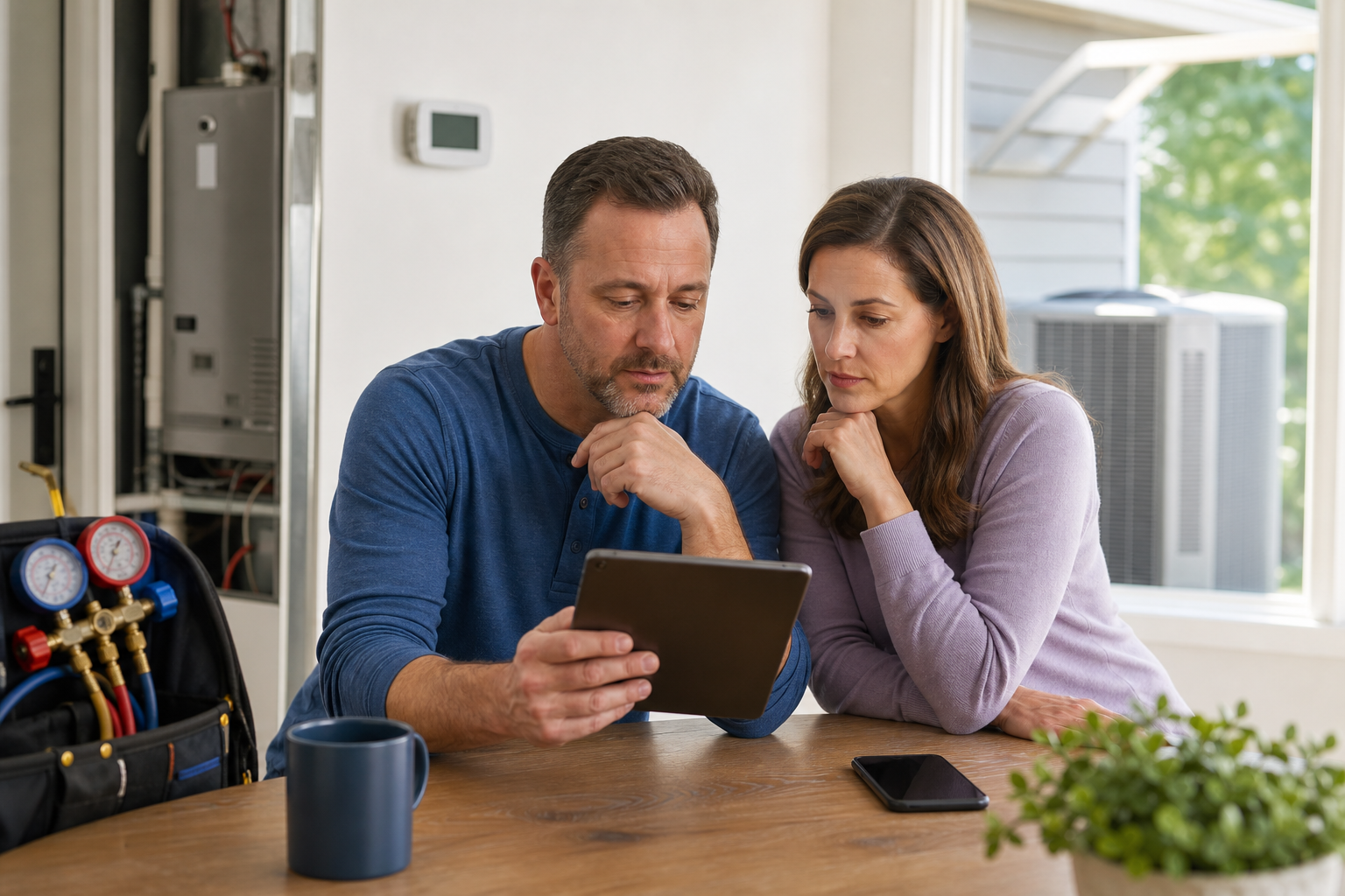 Homeowner reviewing an HVAC repair estimate before requesting loan help
