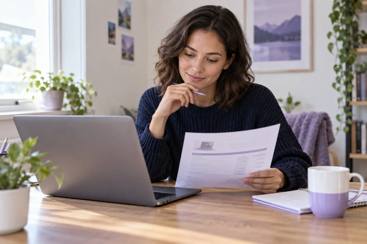 Adult reviewing a laptop purchase estimate at a home desk