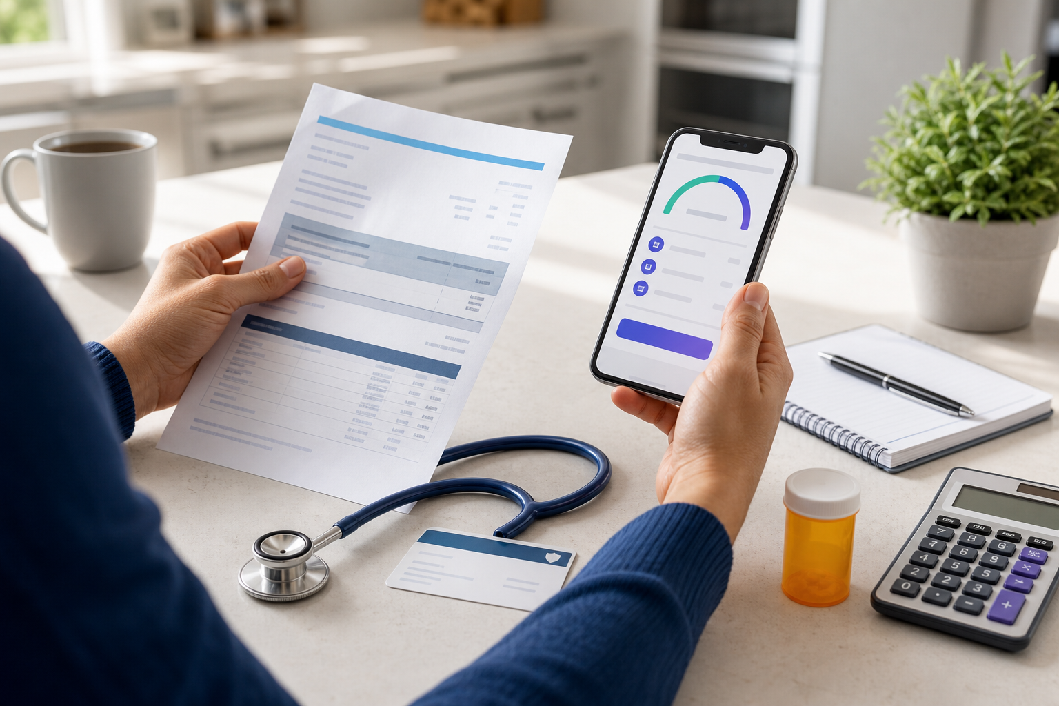 Medical bill financing request on a phone beside a medical bill, stethoscope, calculator, and notebook