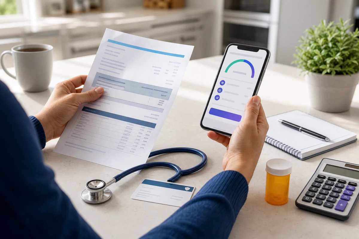 Medical bill financing request on a phone beside a medical bill, stethoscope, calculator, and notebook