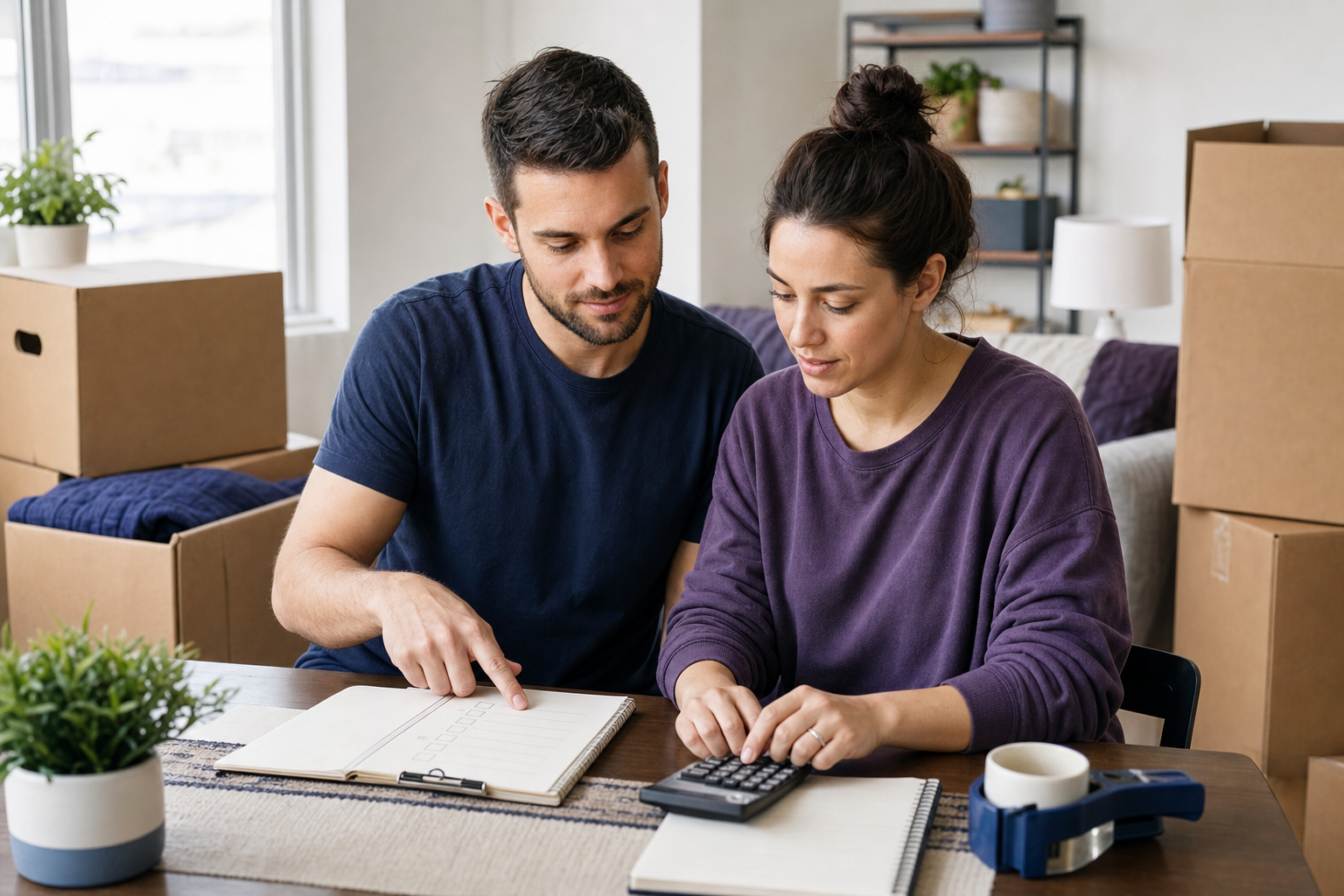 Couple reviewing a moving checklist and relocation budget beside packed boxes