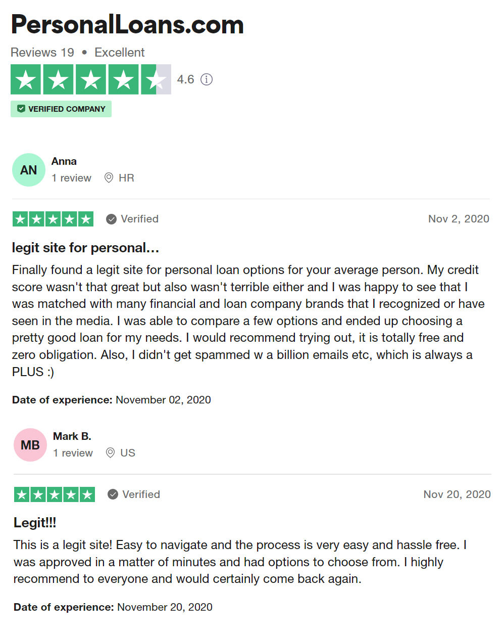 PersonalLoans.com Trustpilot reviews