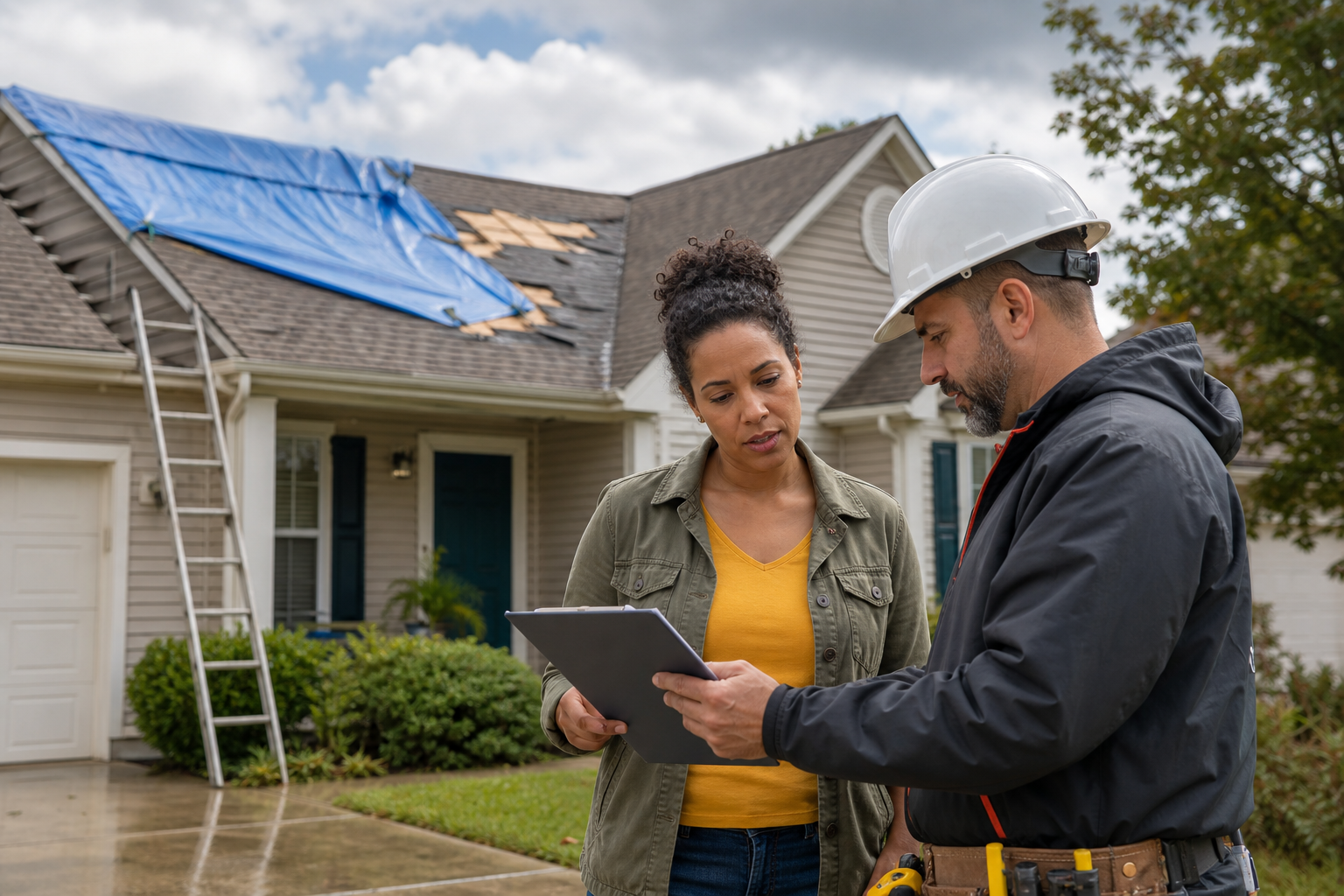 Homeowner and roofing contractor reviewing a written roof repair estimate after storm damage
