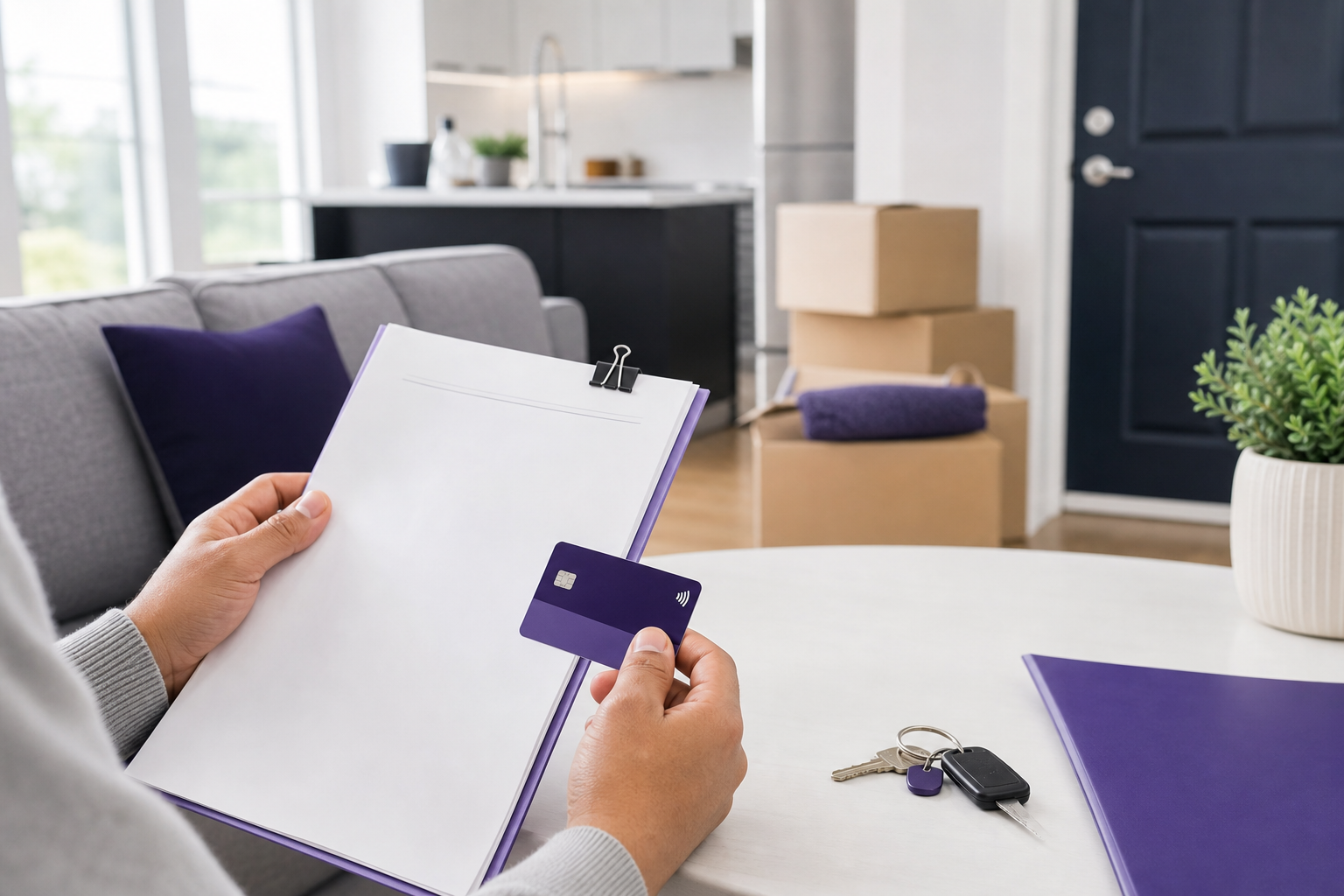 Security deposit loan paperwork, debit card, apartment keys, and moving boxes