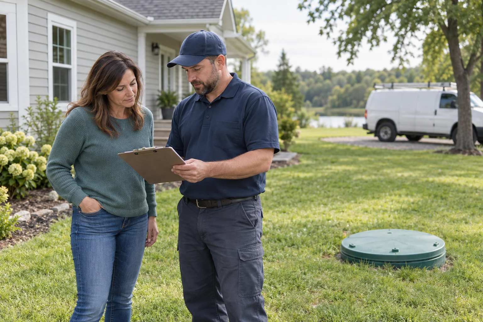 Homeowner and septic technician reviewing a repair estimate beside a closed access cover