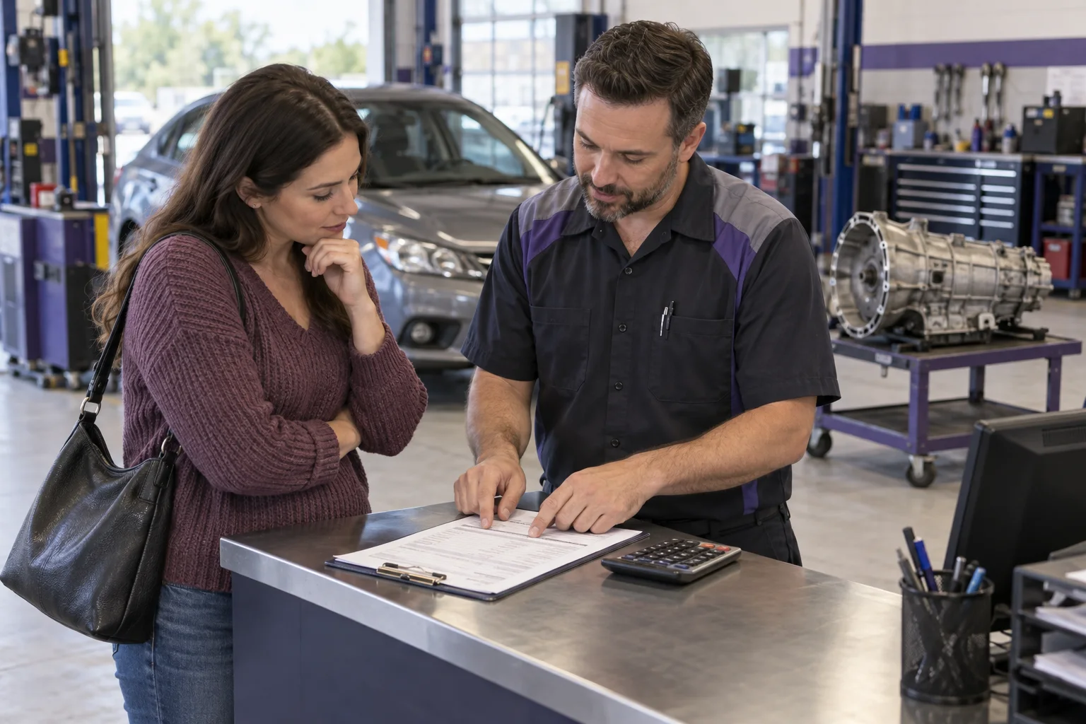 Car owner and service advisor reviewing a transmission repair estimate