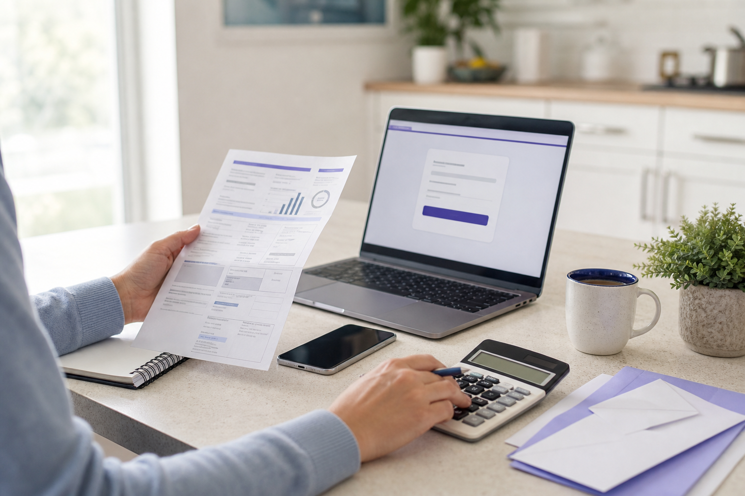 Utility bill, phone, calculator, and laptop on a home desk for emergency bill planning