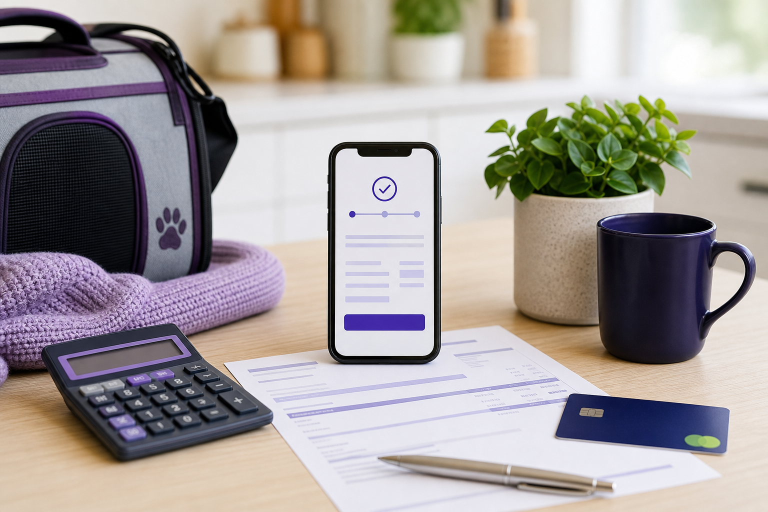 Vet bill loan request on a phone beside a veterinary invoice, calculator, debit card, and pet carrier