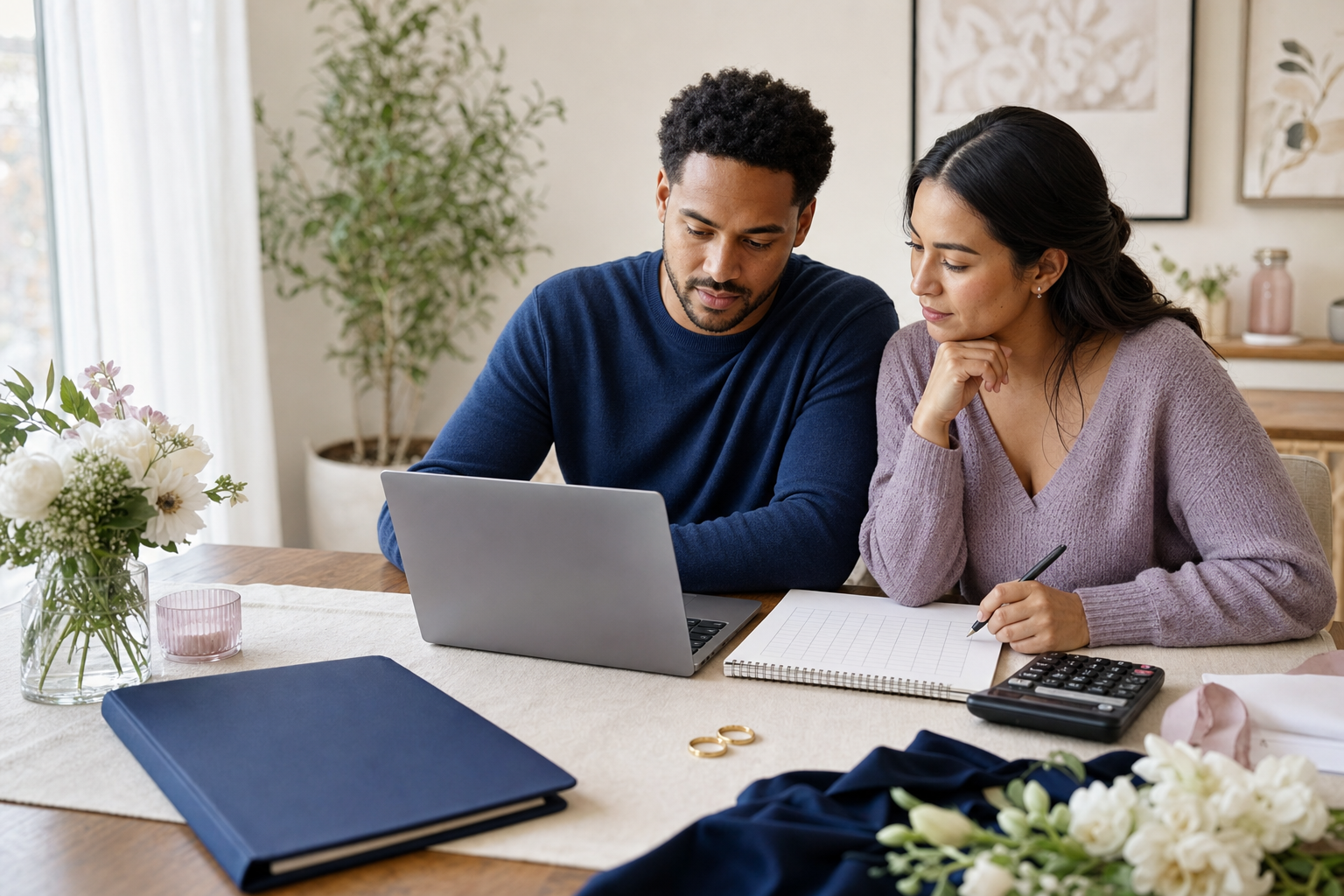Engaged couple comparing a wedding budget and loan options